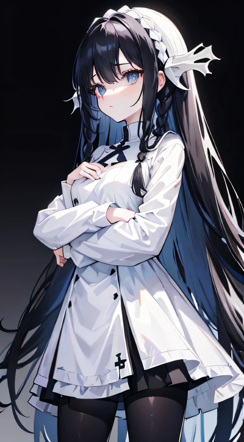 alone，Look into perspective，White seahorse tail hairstyle，Braided hair that hangs down on the chest，Black ，Black silk tights all over，，Black colored eyes，Black pantyhose，helpless expression，Cross your hands on your chest，standing posture，White background