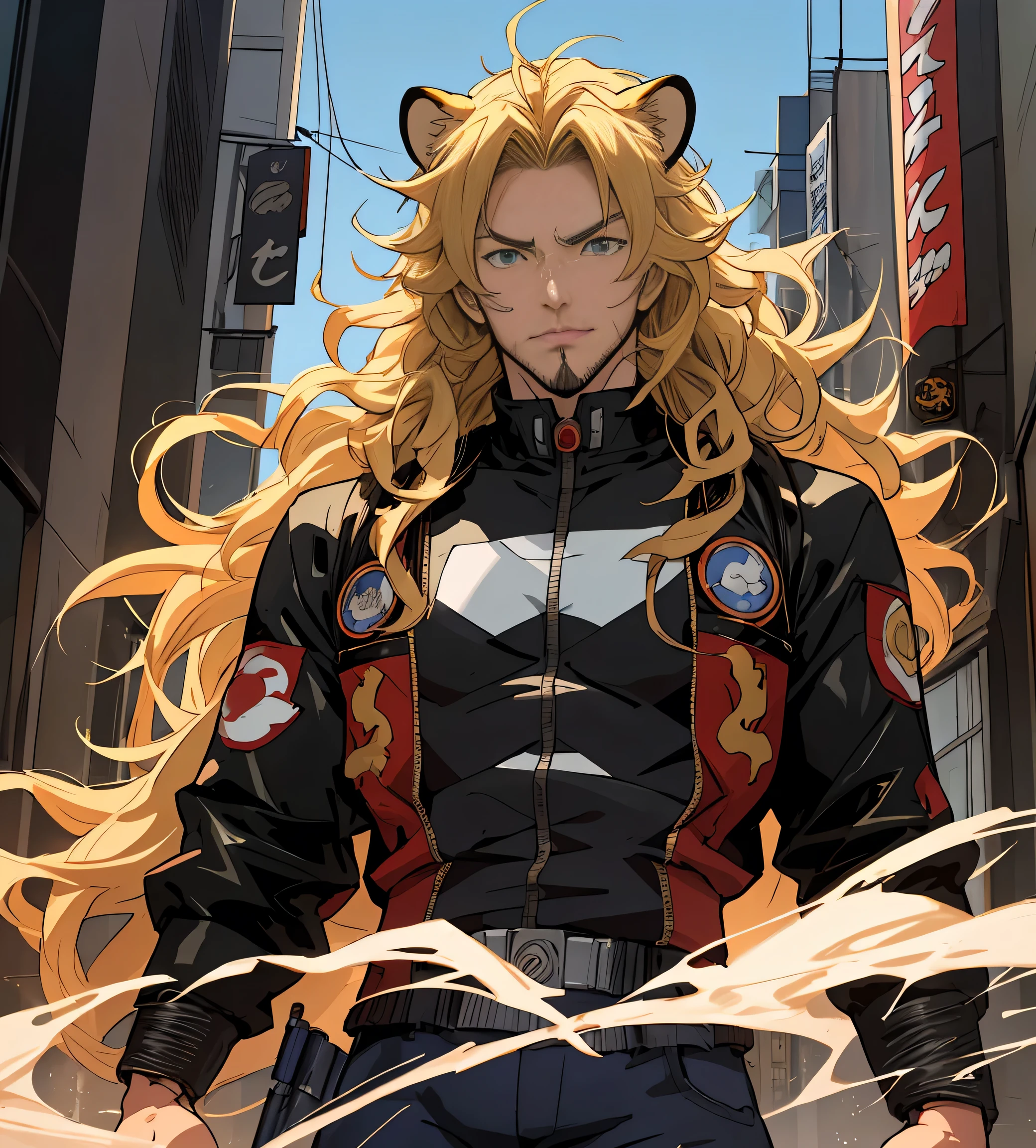 ((Hirohiko Araki style)), One male (robotic superhero), lion ears, long hair, blond, blond hair, green eyes, tall, muscular, black bomber jacket, beautiful face, ((highest quality)), ((masterpiece)), 2d, ((anime)), (perfect face), ((highest detail)), feline eyes, stubble, lion tail, wavy hair, cowboy shot, intricate details, (city background), ((solo)),