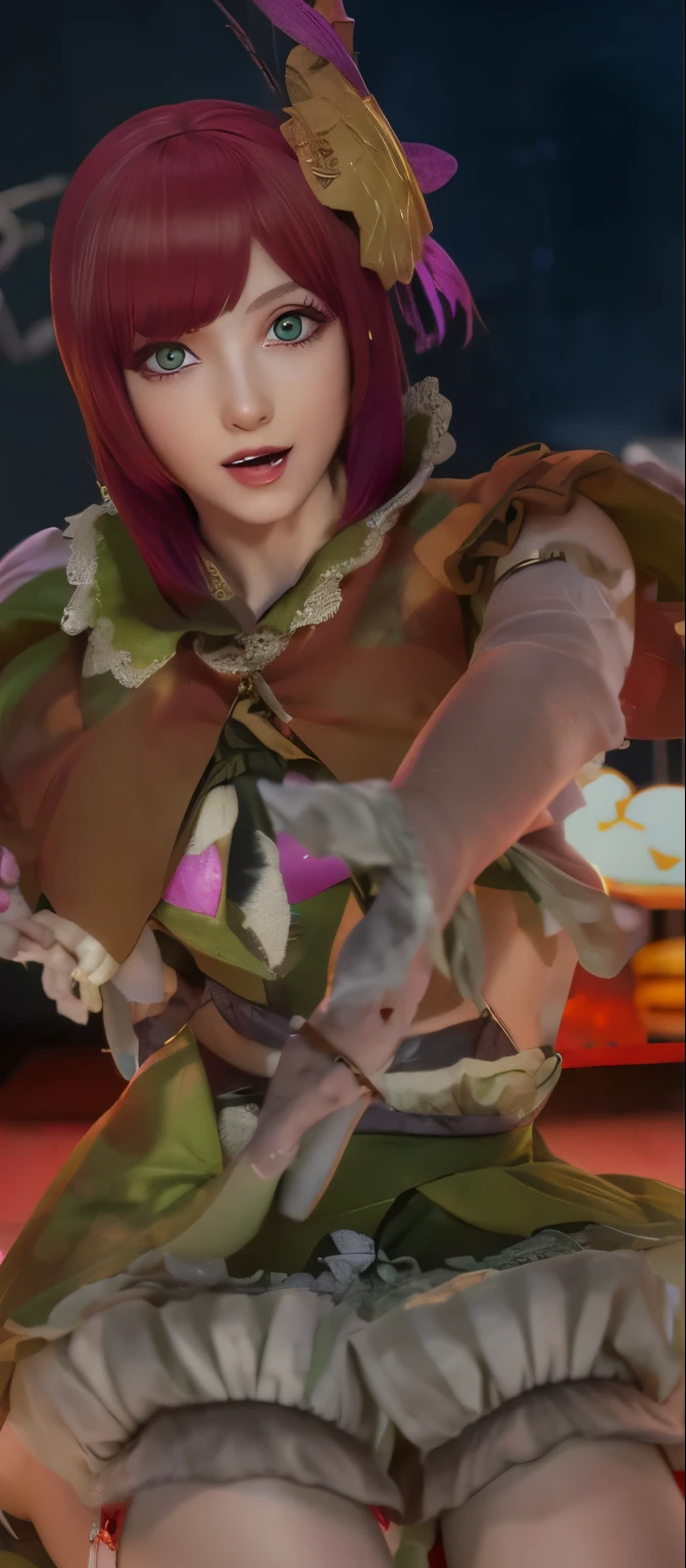 A red-haired girl with short hair and green eyes  big breast 