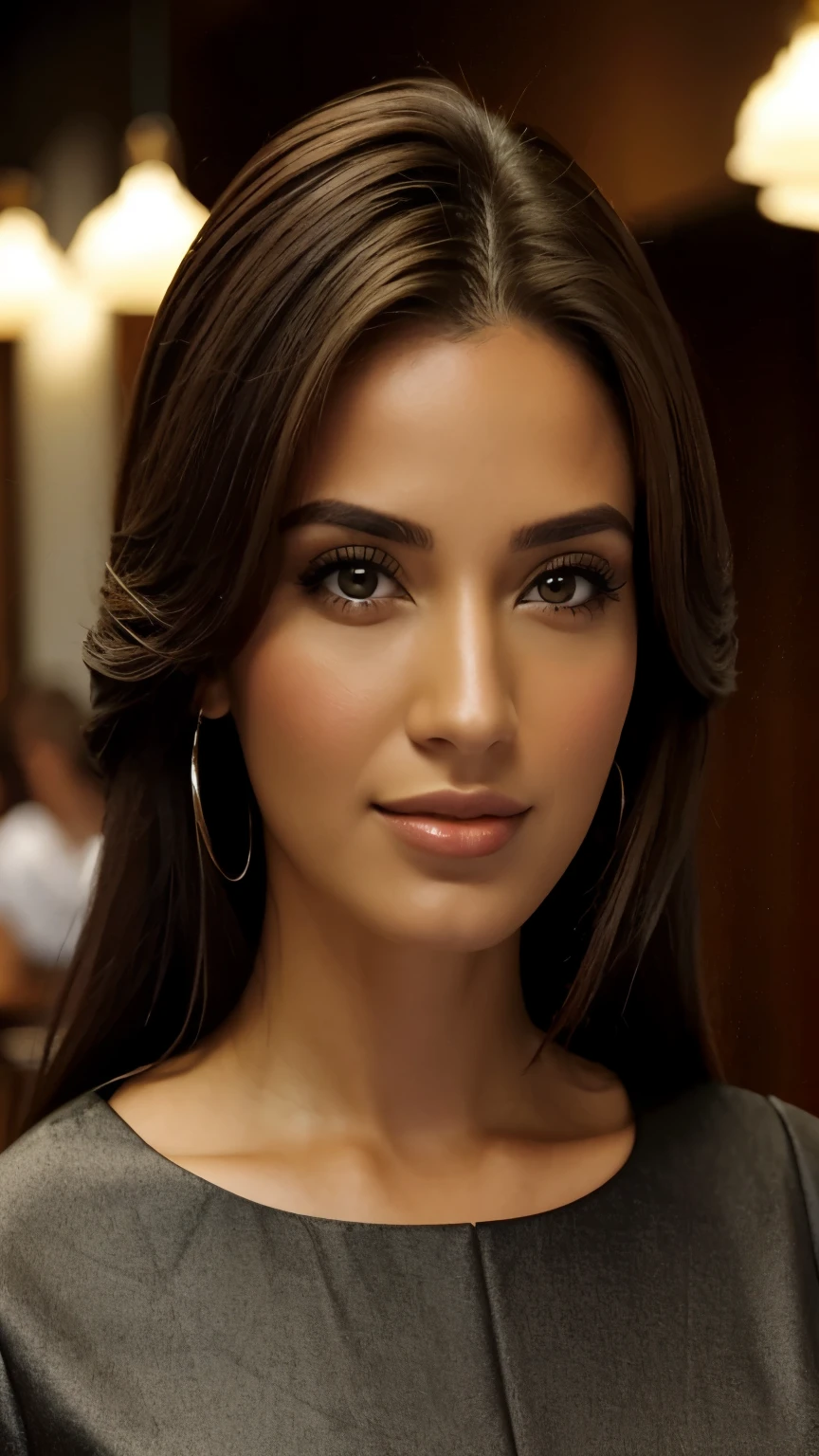 1 mulher adulta, cabelo comprido, cabelo cacheado, cabelo cor preto, pele suave, olhos castanhos, sorrir, vegetation, Ocasional, Businesswoman style clothes, blaser marrom claro, realista, com fundo em um restaurante chique, 8k super realista, super detalhado e realista