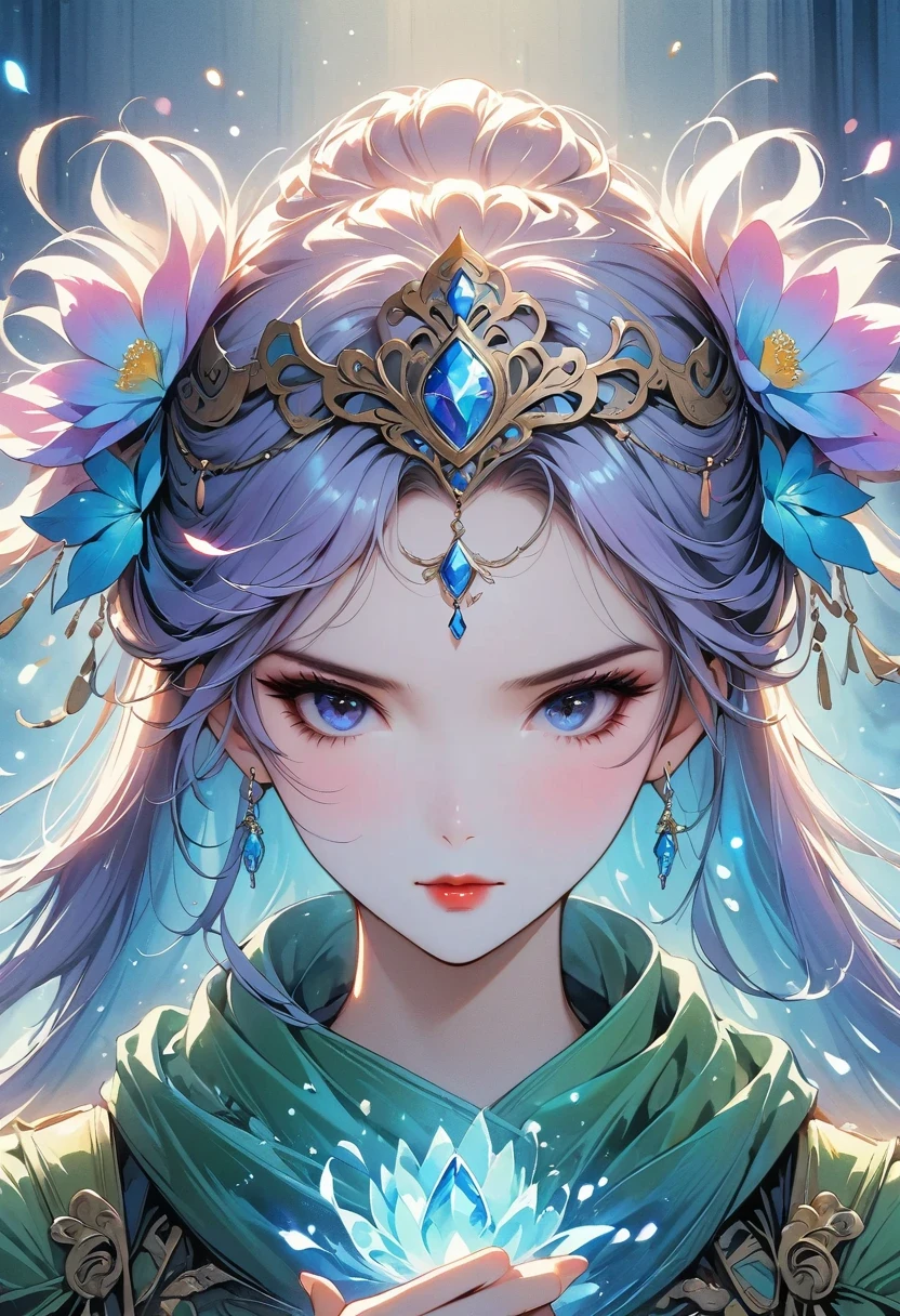 (((masterpiece))), best quality, illustration, 4k wallpaper, film light, Ridiculous, 1girl's portrait, long hair, purple crystal hair, glowing hair, bloom hair, Costume princess, look forward