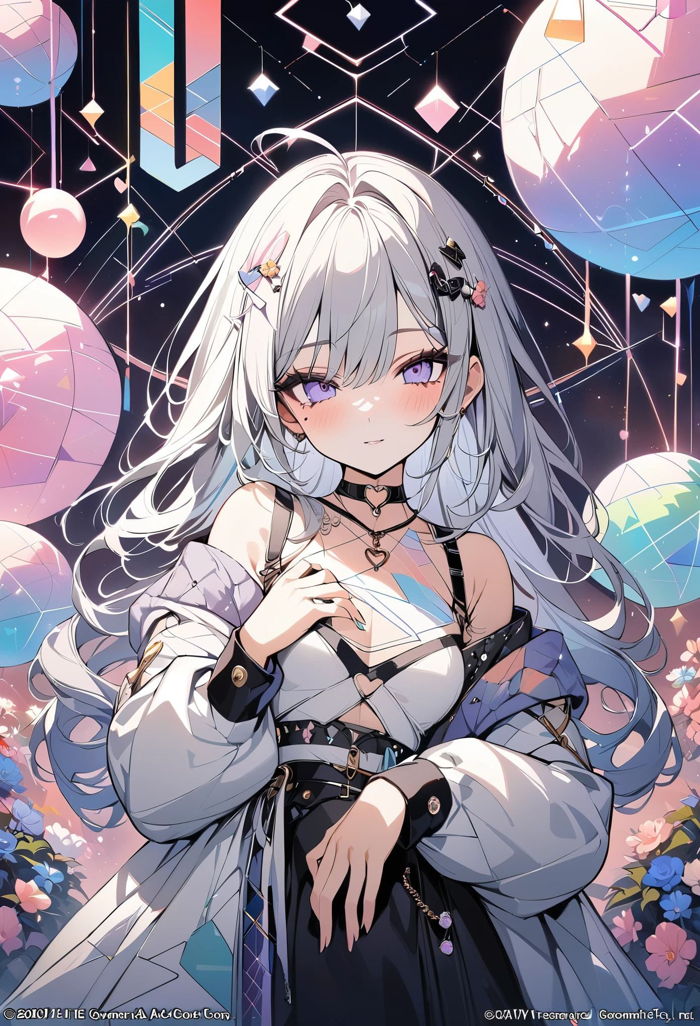 ,beautiful flower々）,mole under eye, heart shaped choker, (masterpiece, highest quality), official art, beautiful and aesthetic: 1.2), (1 girl), very detailed, (geometry art: 1.3), colorful