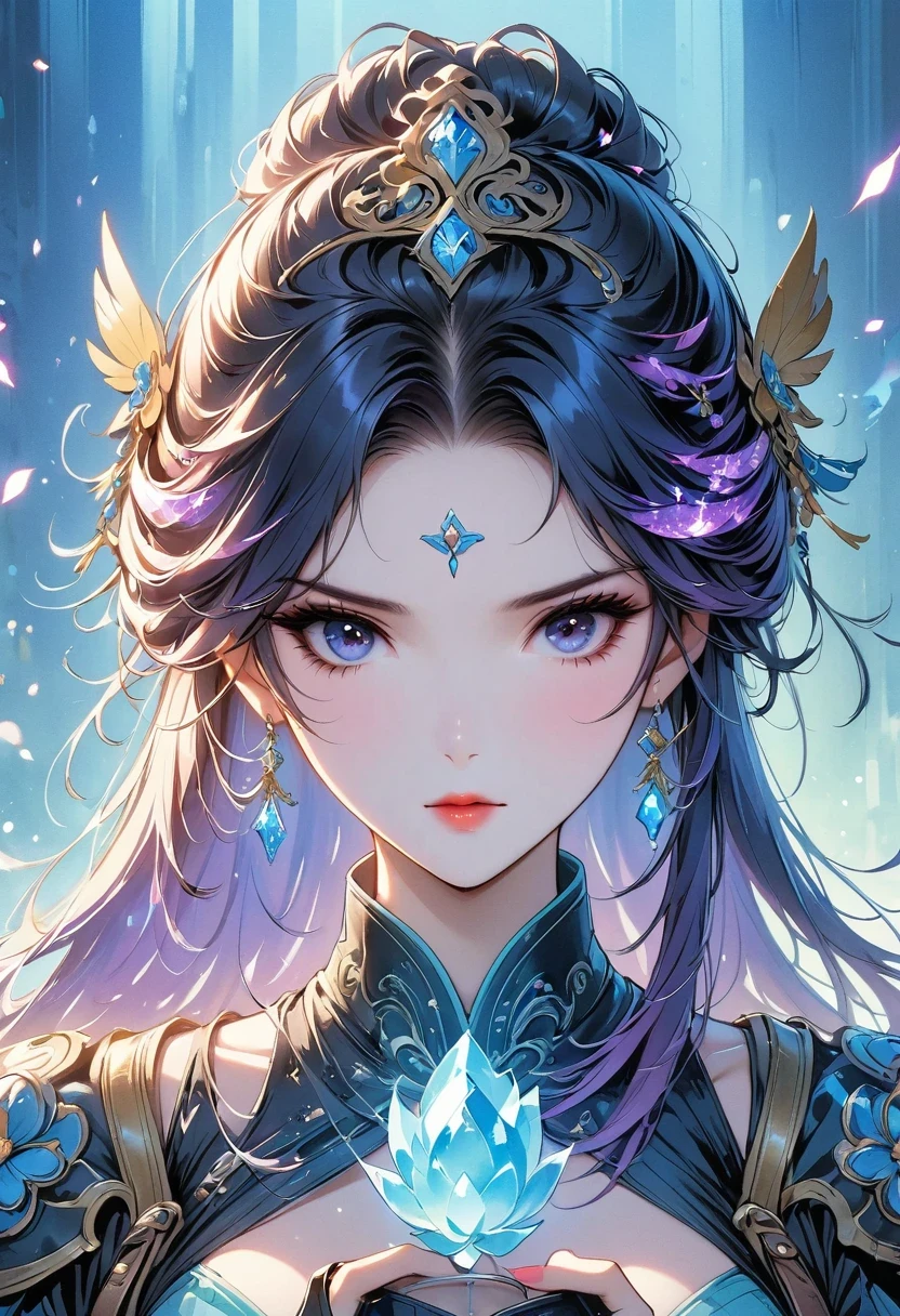 (((masterpiece))), best quality, illustration, 4k wallpaper, film light, Ridiculous, 1girl's portrait, long hair, purple crystal hair, glowing hair, bloom hair, Costume princess, look forward