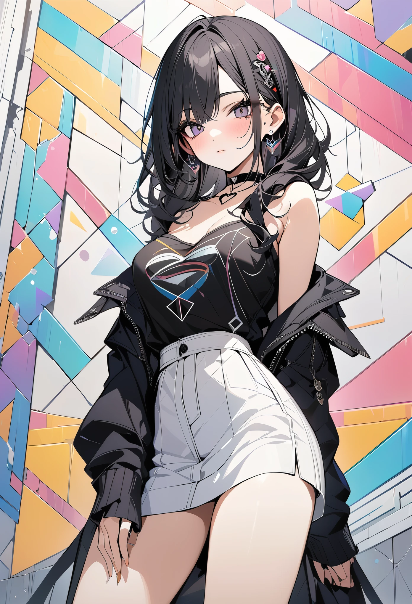 ,beautiful flower々),mole under eye, heart shaped choker, (masterpiece, highest quality), official art, beautiful and aesthetic: 1.2), (1 girl), very detailed, (geometry art: 1.3), colorful