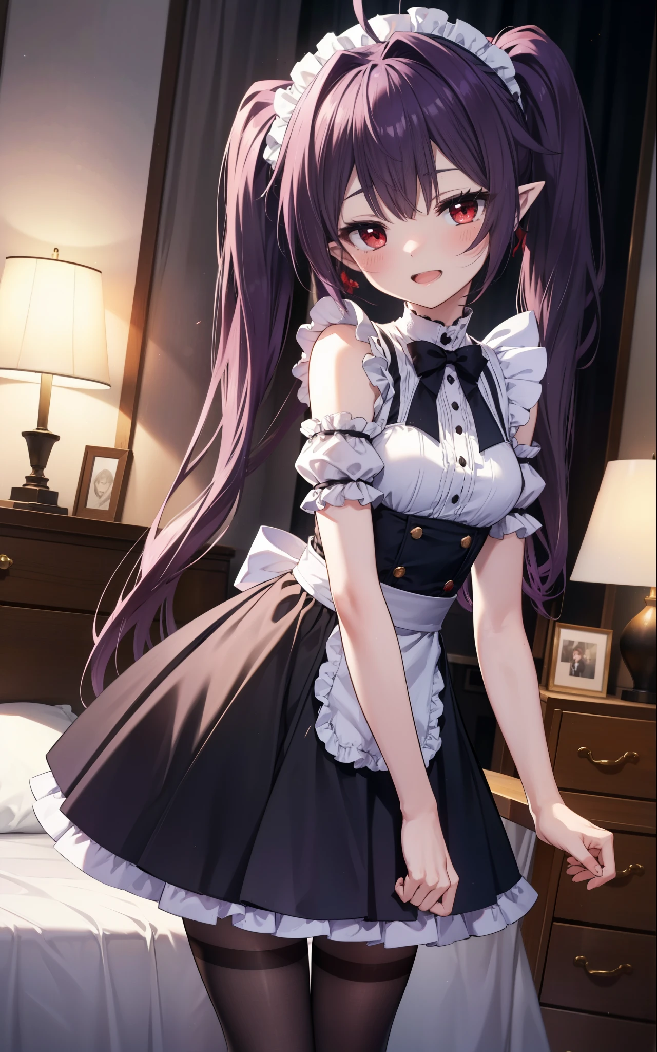 yuukikonno, Yuki Konno, hair band, long hair, pointy ears, purple hair, (red eyes:1.5), (small breasts:1.2),Ahoge,face tilted to one side, twin tails,Open your mouth and smile happy, smile, open your mouth,blush,she was wearing a maid skirt, black stockings on her legs, Place both arms behind one&#39;Came back,lean forward,peek from above,bare shoulders,Cute standing figure,
break looking at viewer, Upper body, whole body,
break indoors, Bedroom,
break (masterpiece:1.2), highest quality, High resolution, unity 8k wallpaper, (shape:0.8), (fine and beautiful eyes:1.6), highly detailed face, perfect lighting, Very detailed CG, (perfect hands, perfect anatomy),