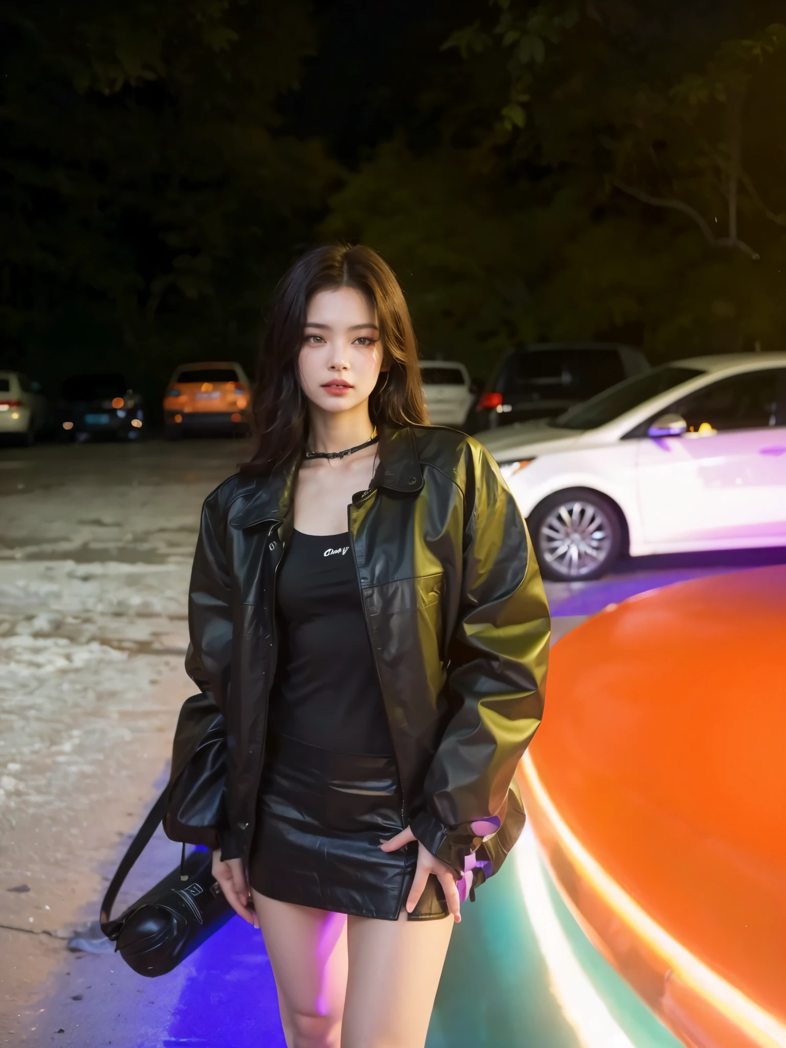 mulher araffe com jaqueta de couro preta ao lado de um carro, vestindo jaqueta de couro cyberpunk, xianxia de corpo inteiro, filmado em canon eos r5, filmado em canon eos r5, capturado em canon eos r 6, trends on cgstation, cyberpunk 2 0 anos. oh garota modelo, fotografia de uma mulher techwear, very aesthetic leather jacket
