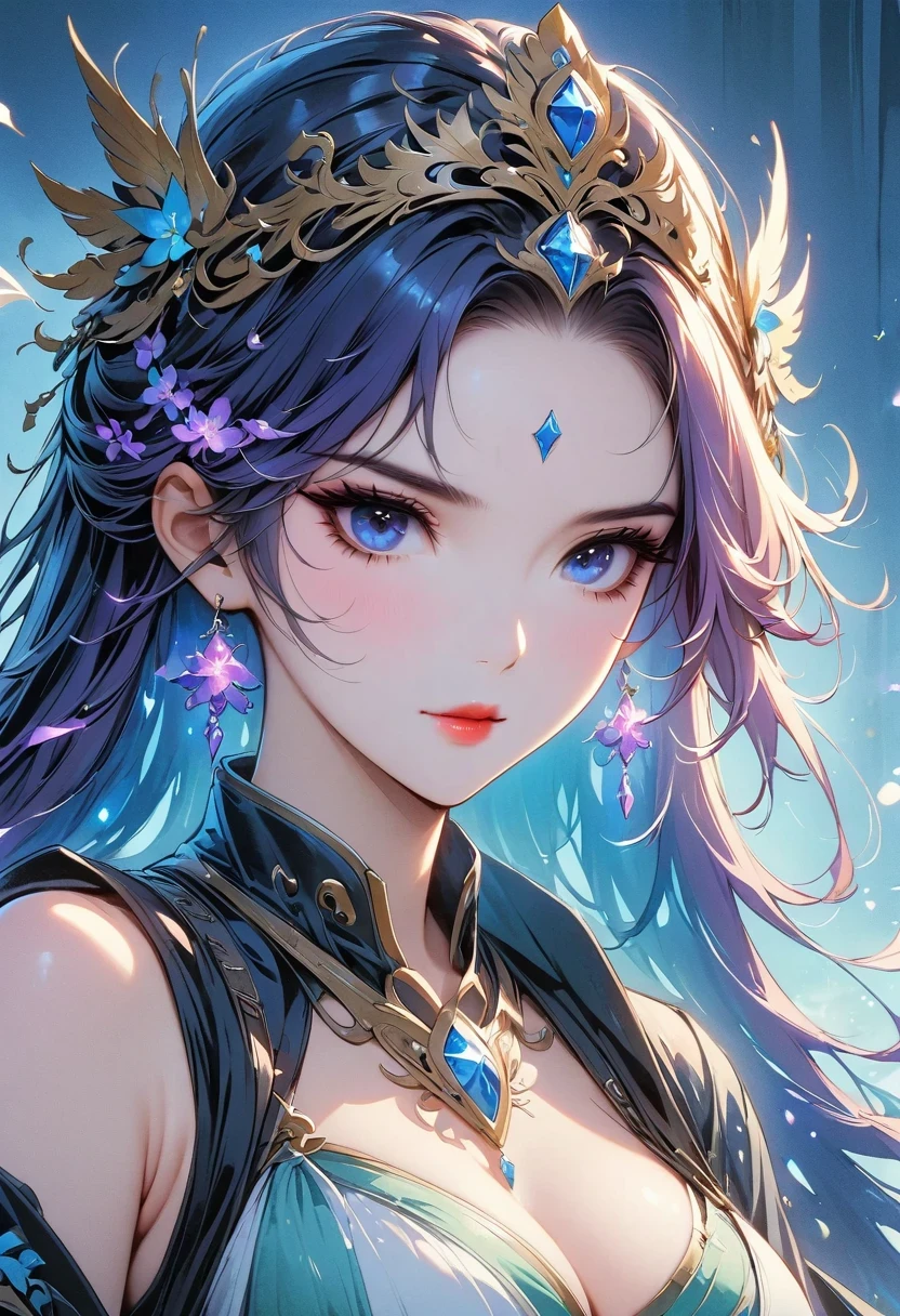 (((masterpiece))), best quality, illustration, 4k wallpaper, film light, Ridiculous, 1girl&#39;s portrait, long hair, purple crystal hair, glowing hair, bloom hair, Costume princess, look forward