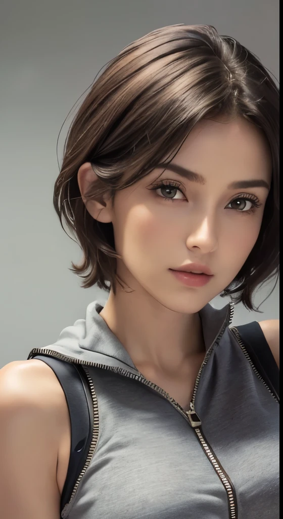 (masterpiece、highest quality、photorealistic、High resolution、photograph、:1.3)、very close up shot、sharp focus、30 year old mature woman、hot models、Highly detailed eyes and pupils、realな肌、slim body shape、cleavage、short cut hair、dark brown hair、delicate and sexy face、sensual gaze、glossy lips、((I'm wearing a zip tank top sweatshirt)、small breasts、bust B cup、((real、 超real、realism、realなディテール)、gray background