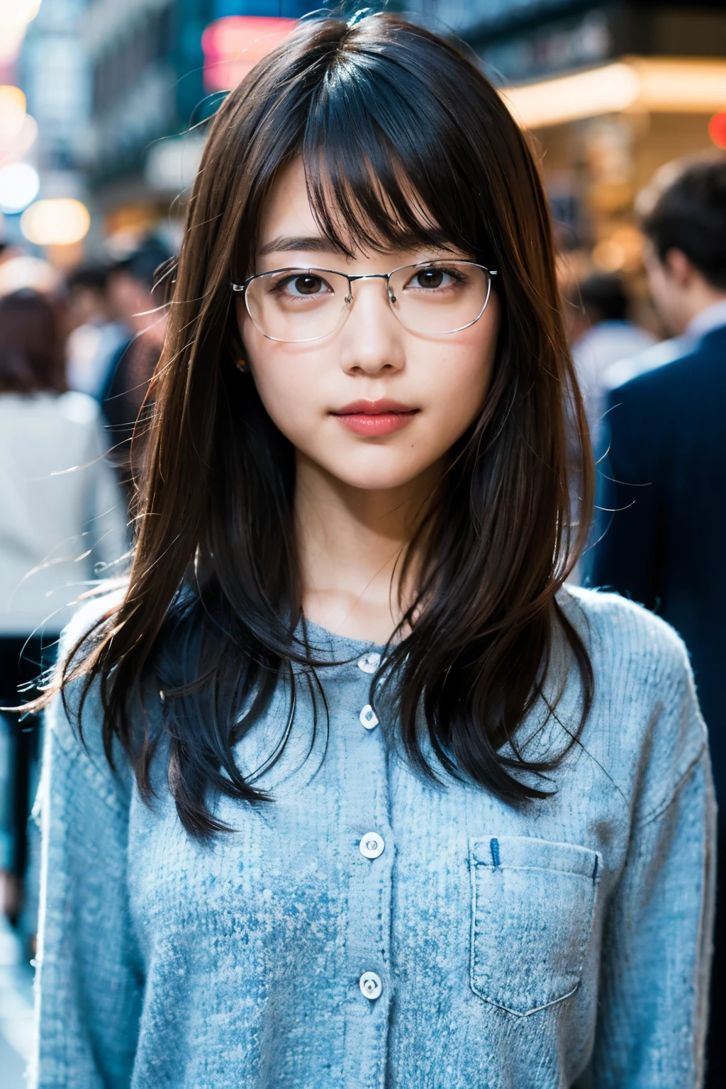 (8K、RAW photo、highest quality、masterpiece:1.2)、(realistic、Photoreal:1.37)、super detailed、超A high resolution、1 girl、see the beholder、beautiful and detailed face、laughter、narrow、(slim waist) :1.3)、color shirt、Beautiful and smooth skin、skin texture、floating hair、professional lighting、in the street、black rimmed square glasses、human body as a whole、brown hair