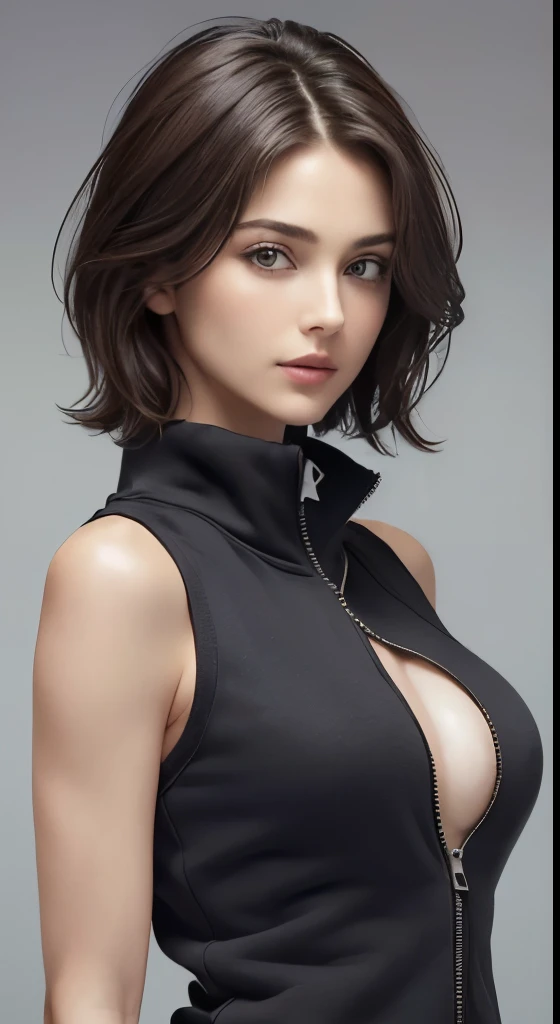 (masterpiece、highest quality、photorealistic、High resolution、photograph、:1.3)、very close up shot、sharp focus、30 year old mature woman、hot models、Highly detailed eyes and pupils、realな肌、slim body shape、cleavage、short cut hair、dark brown hair、delicate and sexy face、sensual gaze、glossy lips、((I'm wearing a zip tank top sweatshirt)、small breasts、bust B cup、((real、 超real、realism、realなディテール)、gray background