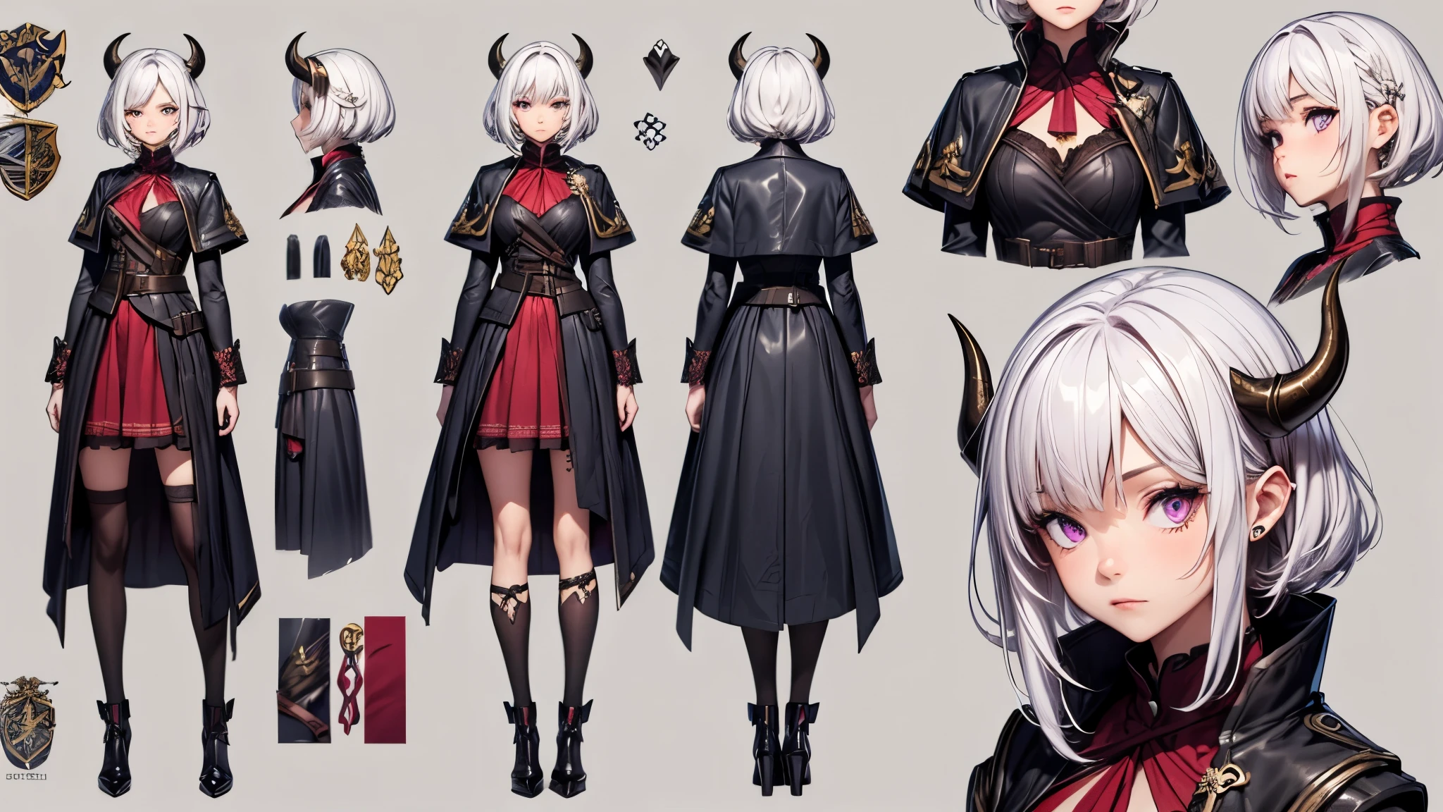 (Masterpiece, best quality), detailed, 1girl, ((character concept art)), ((character design sheet, same character, front, side, back)), many items, (adventurer guild lieder uniform, ex dungeon explorer, royal cloth, many parts), black demon horns, detailed purple eyes, detailed face, different expressions, small B cup , white hair and white skin, detailed hair, formal style haircut, full of details.