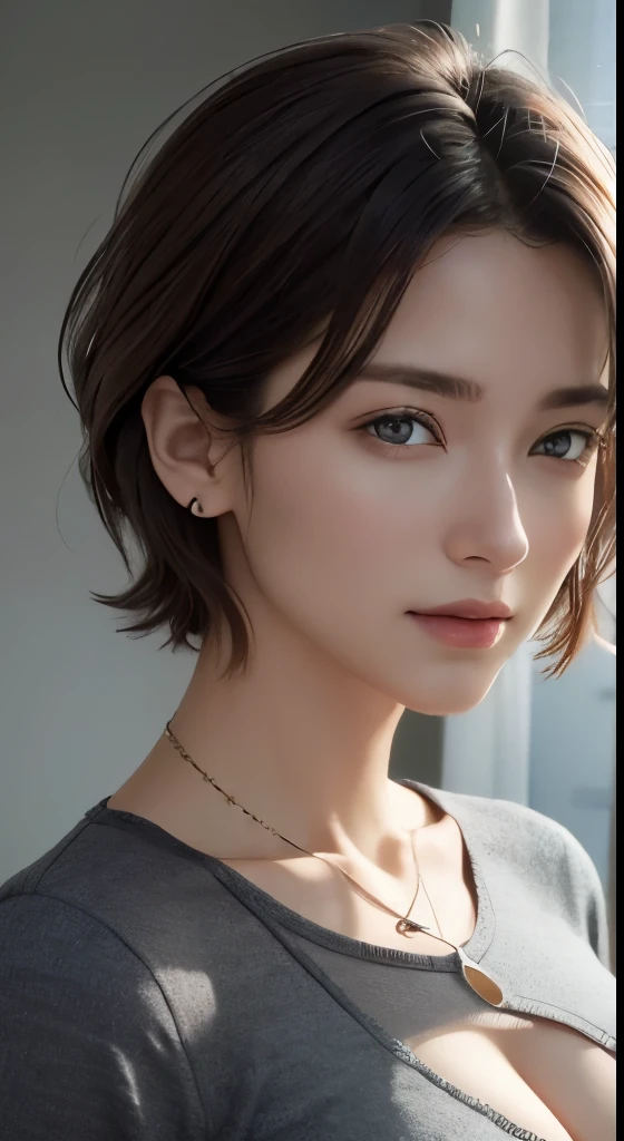 (((highest quality、8k、masterpiece)))、sharp focus、cinematic lighting、soft light、high resolution skin:1.3、realistic skin texture、30 year old mature woman、small face、no makeup、short hair、dark brown hair、detailed beautiful eyes、small breasts、、bust B cup、wearing a pendant、sexy pose、Slender body type、Cool beauty、gray background