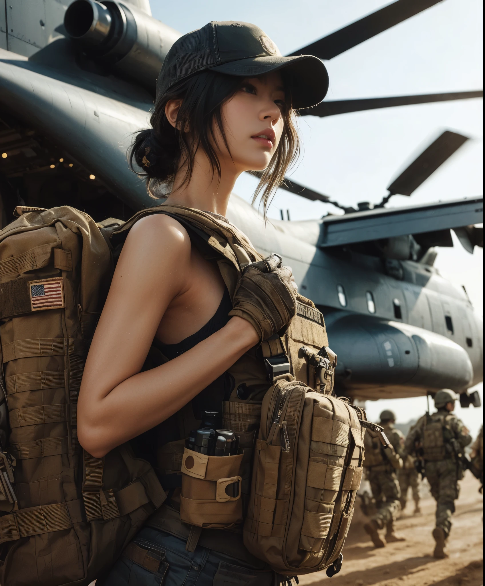 Arafed woman in military gear standing in front of a helicopter - SeaArt AI
