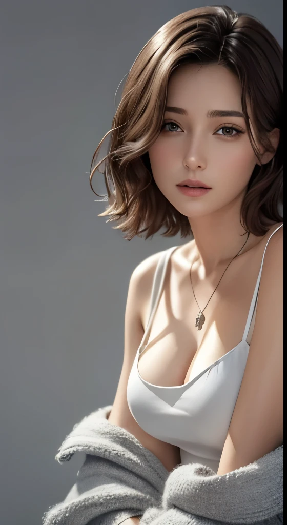 (((highest quality、8k、masterpiece)))、sharp focus、cinematic lighting、soft light、high resolution skin:1.3、realistic skin texture、30 year old mature woman、small face、no makeup、short hair、dark brown hair、detailed beautiful eyes、small breasts、、bust B cup、wearing a pendant、sexy pose、Slender body type、Cool beauty、gray background