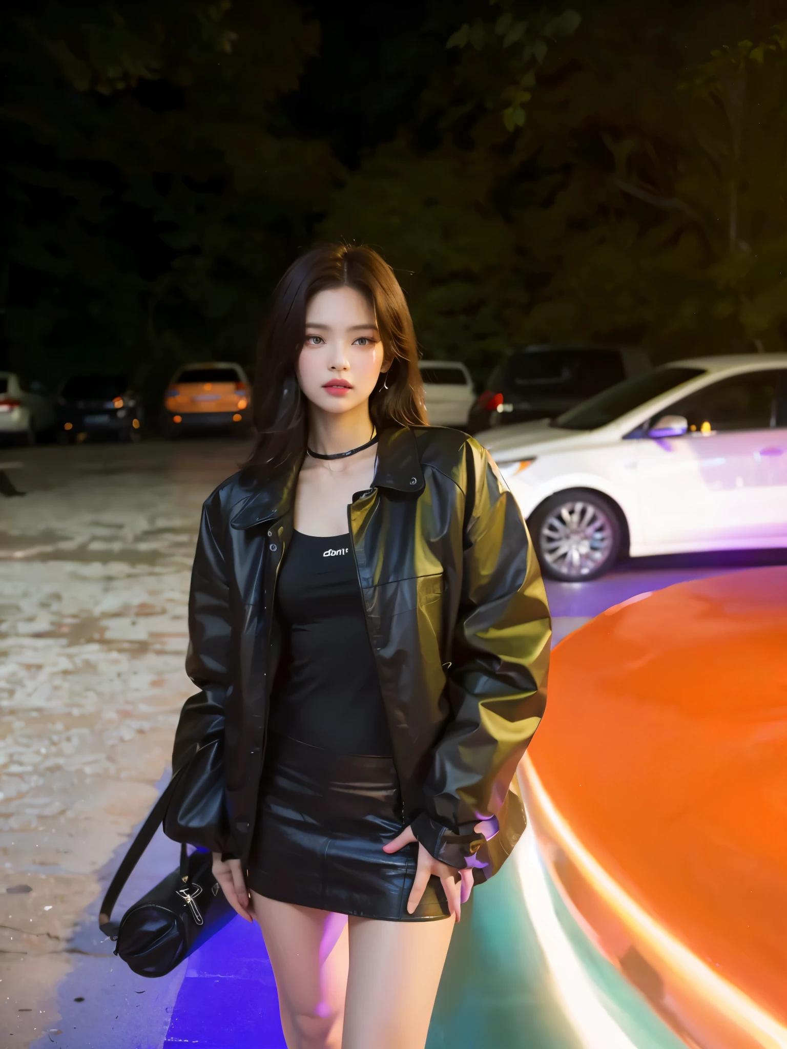 mulher de jaqueta de couro preta e saia preta parada na frente de um carro, portrait of jossi do blackpink, jennie blackpink, parque roseanne de blackpink, iu lee ji-eun as a supervillain, Jisoo do Blackpink, retrato de jisoo blackpink, Jinyoung Shin, Jisoo do Blackpink, filmado em canon eos r5, filmado em canon eos r5, jossi do blackpink
