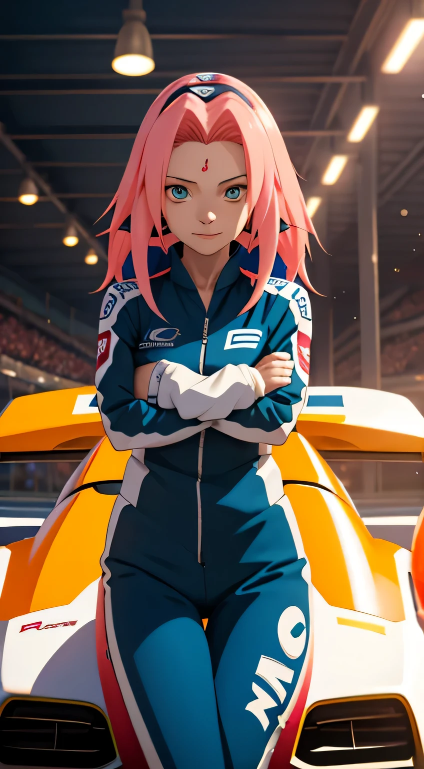 tmasterpiece， Best quality at best， 1girll， Sakura Haruno，Raised sexy，is shy，ssmile，with pink hair， long whitr hair， （Green eyeballs:1.4)， Forehead protection, Pole Position, standing inside of her race car, anime style, bright colors, dynamic lighting, shiny finish, attention to detail, wearing blue race driver suit, in behind blue formula racing car, exciting atmosphere, race helmet on the car, vivid expressions