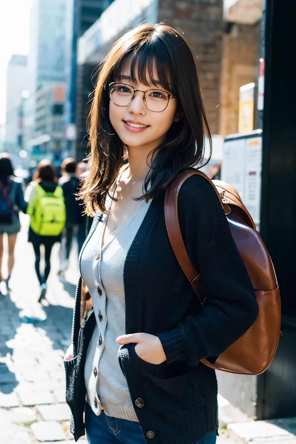 (8K、RAW photo、highest quality、masterpiece:1.2)、(realistic、Photoreal:1.37)、super detailed、超A high resolution、1 girl、see the beholder、beautiful and detailed face、A smile that shows some teeth、narrow、(slim waist) :1.3)、((wearing a cardigan))、Beautiful and smooth skin、skin texture、floating hair、((tied one&#39;s hair together))、good shape big breasts、professional lighting、In front of the station at noon、((Black square glasses))、human body as a whole、black hair、((Please bring a small backpack))、