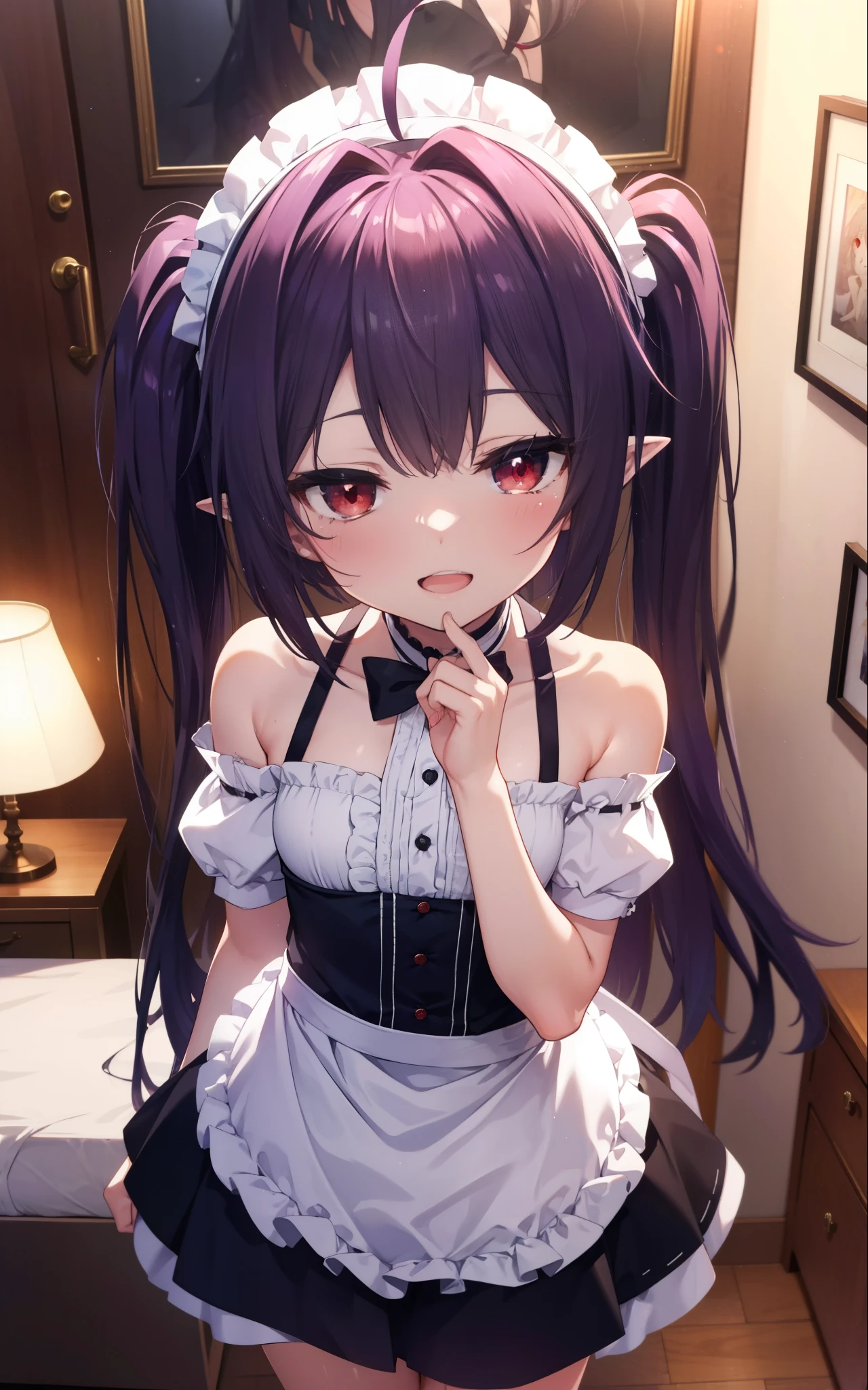 yuukikonno, Yuki Konno, hair band, long hair, pointy ears, purple hair, (red eyes:1.5), (small breasts:1.2),Ahoge,face tilted to one side, twin tails,Open your mouth and smile happy, smile, open your mouth,blush,she was wearing a maid skirt, black stockings on her legs, Place both arms behind one'Came back,lean forward,peek from above,bare shoulders,Cute standing figure,
break looking at viewer, Upper body, whole body,
break indoors, Bedroom,
break (masterpiece:1.2), highest quality, High resolution, unity 8k wallpaper, (shape:0.8), (fine and beautiful eyes:1.6), highly detailed face, perfect lighting, Very detailed CG, (perfect hands, perfect anatomy),