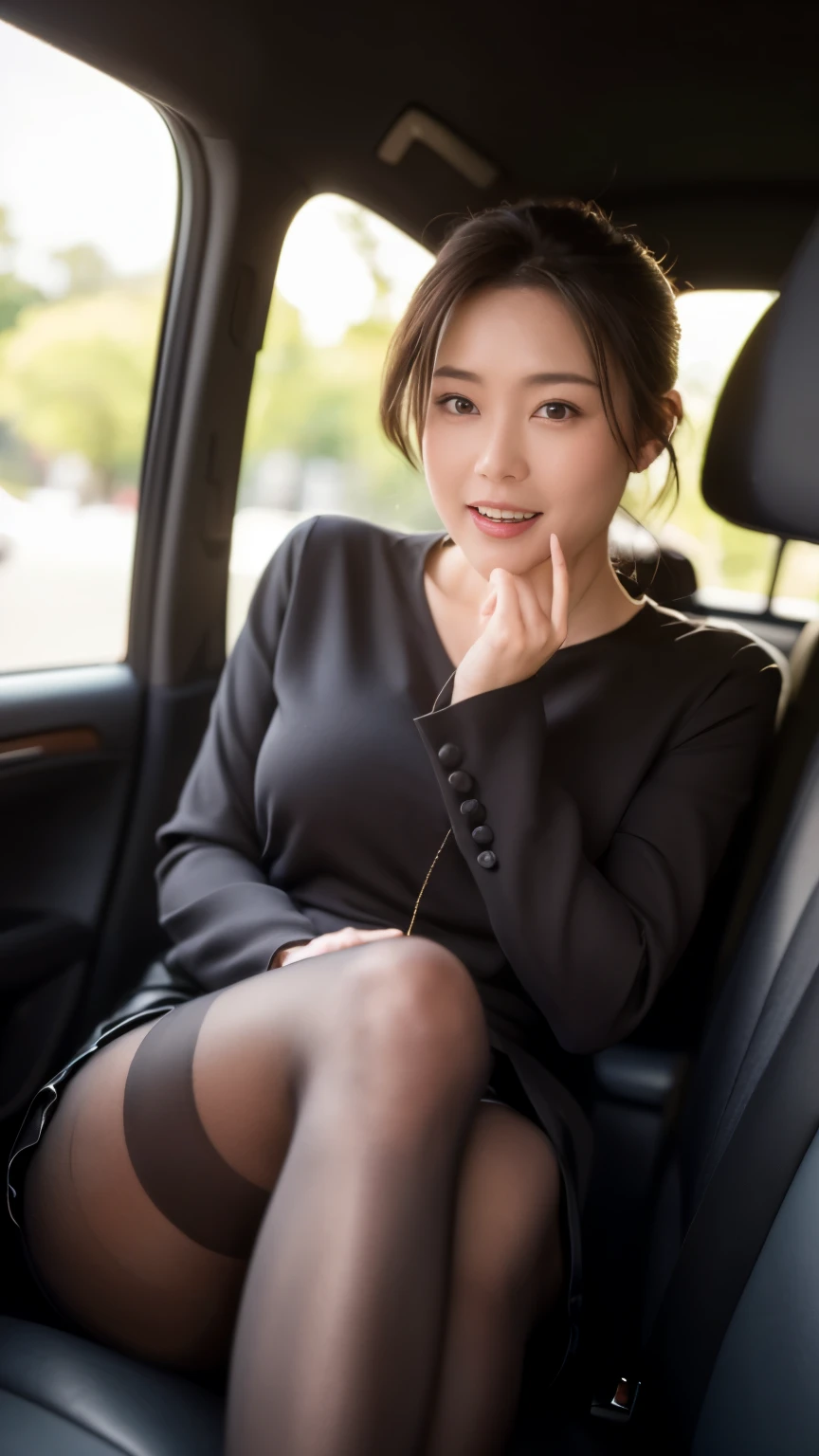 ((highest quality、8K、masterpiece:1.3))、sharp focus, High level image quality, High resolution, portrait, alone, Japanese, middle-aged women, Beautiful woman, 48 years old, short black hair,  (fit & Flared silhouette:1.5), (pantyhose:1.3), (cross your legs:1.3)、(lift up the skirt:1.3), (close ~ eye:1.3), wrinkles around the eye, (bewitching look:1.5), car passenger seat, attractive appearance, ((open your mouth wide))、looking at camera、