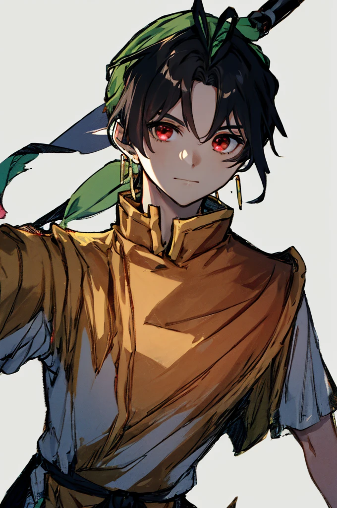 Male teenager，Republic of China costumes, Yellow floral earrings, (high-quality), (expressive eyes, perfect face) (masterpiece, anime), detailed eyes, medium hair length, spiky hair, soft wave, black hair color, red highlights in hair, deep red eye color, slightly narrow eyes,  a green bandana over his hair, chinese clothes, red shirt, white sleeves, short sleeves, yellow pants, a black background