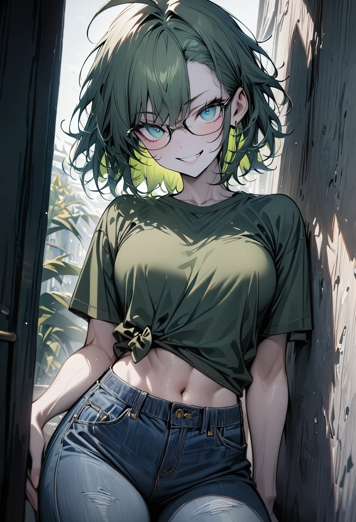 Masterpiece, best quality, 1girl, solo, 23 years old, adult, teal and green hair, messy hair, asymmetrical hair, ahoge, very short hair, aqua eyes, medium breasts, toned, 167cm, pale skin, glasses, grin, olive green shirt, jeans, midriff peek,
