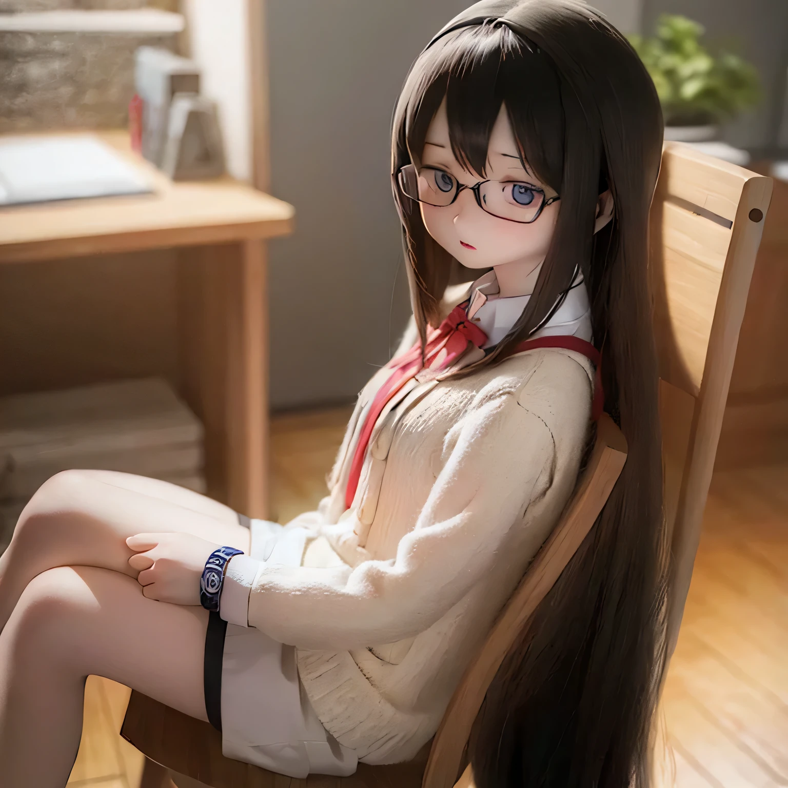 (best quality,photorealistic:1.37),vivid colors,ultra-detailed,physically-based rendering,"tabletop","expressive eyes","perfect face","closed lips","small chest","barefoot","Akemi Homura standing","black hair","sitting on a chair","black-framed glasses","underwear"sexy pose