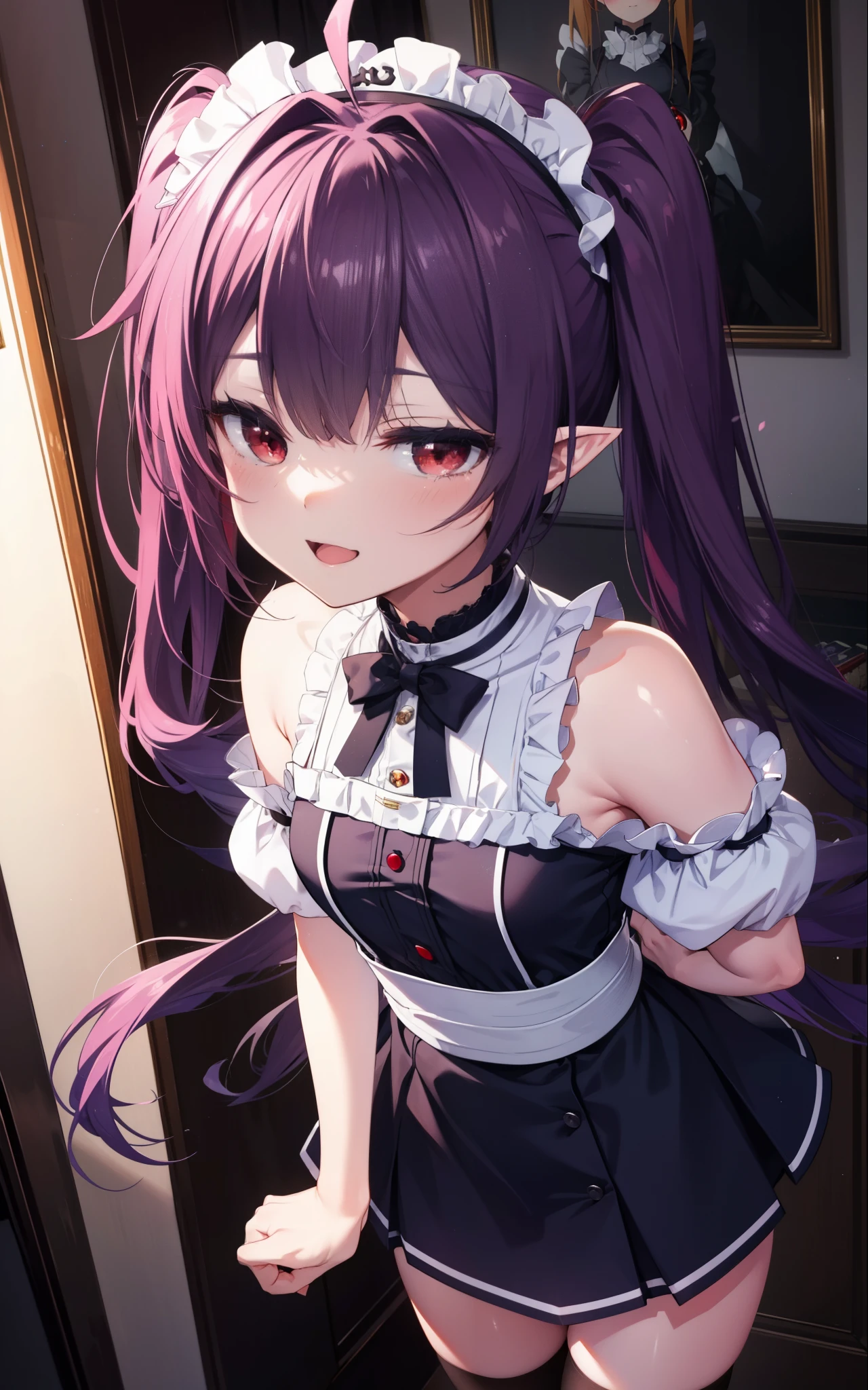 yuukikonno, Yuki Konno, hair band, long hair, pointy ears, purple hair, (red eyes:1.5), (small breasts:1.2),Ahoge,face tilted to one side, twin tails,Open your mouth and smile happy, smile, open your mouth,blush,she was wearing a maid skirt, black stockings on her legs, I'm back with both arms behind one.,lean forward,peek from above,bare shoulders,Cute standing figure,ベッド
break looking at viewer, Upper body, whole body,
break indoors, Bedroom,
break (masterpiece:1.2), highest quality, High resolution, unity 8k wallpaper, (shape:0.8), (fine and beautiful eyes:1.6), highly detailed face, perfect lighting, Very detailed CG, (perfect hands, perfect anatomy),