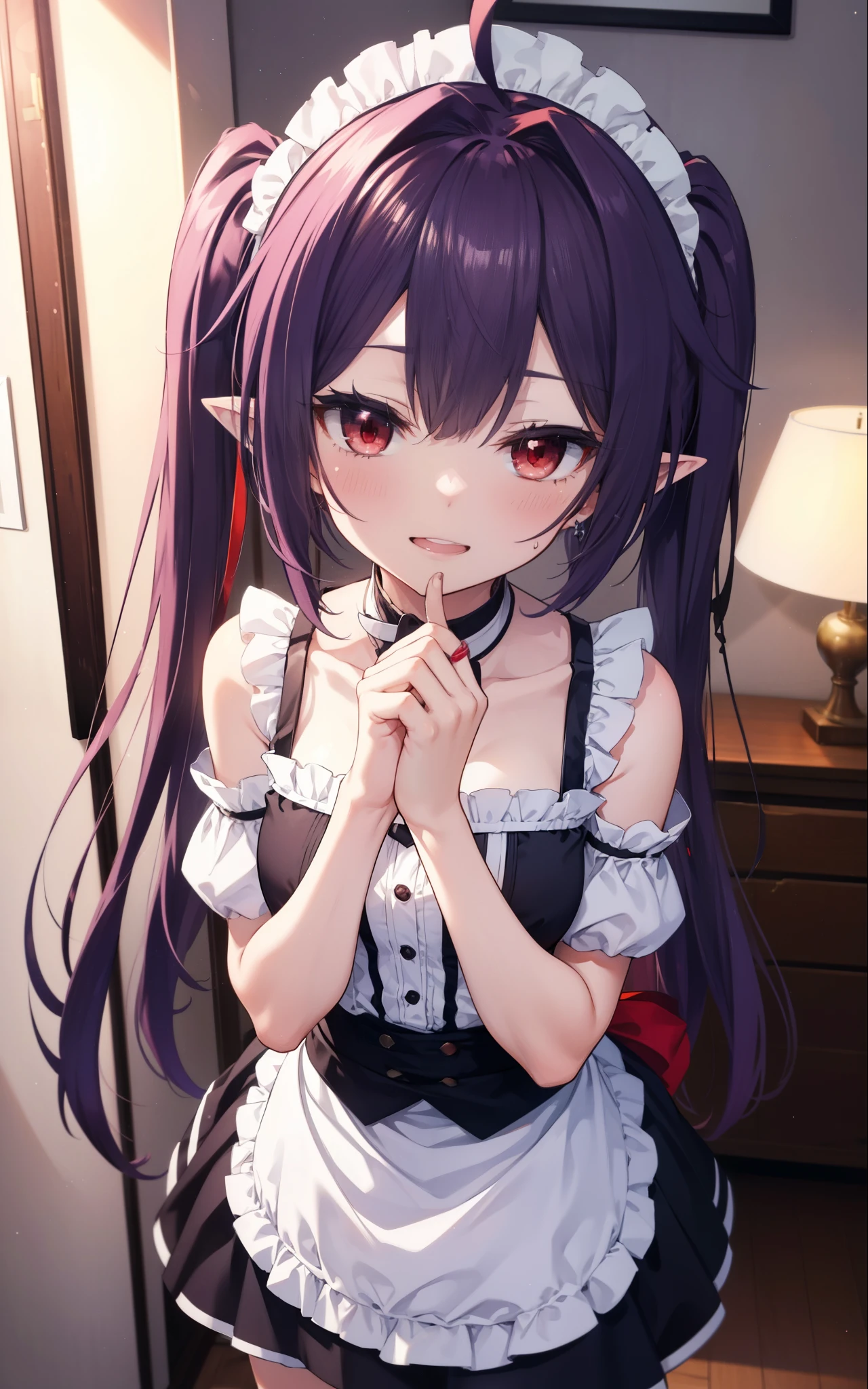 yuukikonno, Yuki Konno, hair band, long hair, pointy ears, purple hair, (red eyes:1.5), (small breasts:1.2),Ahoge,face tilted to one side, twin tails,Open your mouth and smile happy, smile, open your mouth,blush,she was wearing a maid skirt, black stockings on her legs, I&#39;m back with both arms behind one.,lean forward,peek from above,bare shoulders,Cute standing figure,ベッド
break looking at viewer, Upper body, whole body,
break indoors, Bedroom,
break (masterpiece:1.2), highest quality, High resolution, unity 8k wallpaper, (shape:0.8), (fine and beautiful eyes:1.6), highly detailed face, perfect lighting, Very detailed CG, (perfect hands, perfect anatomy),