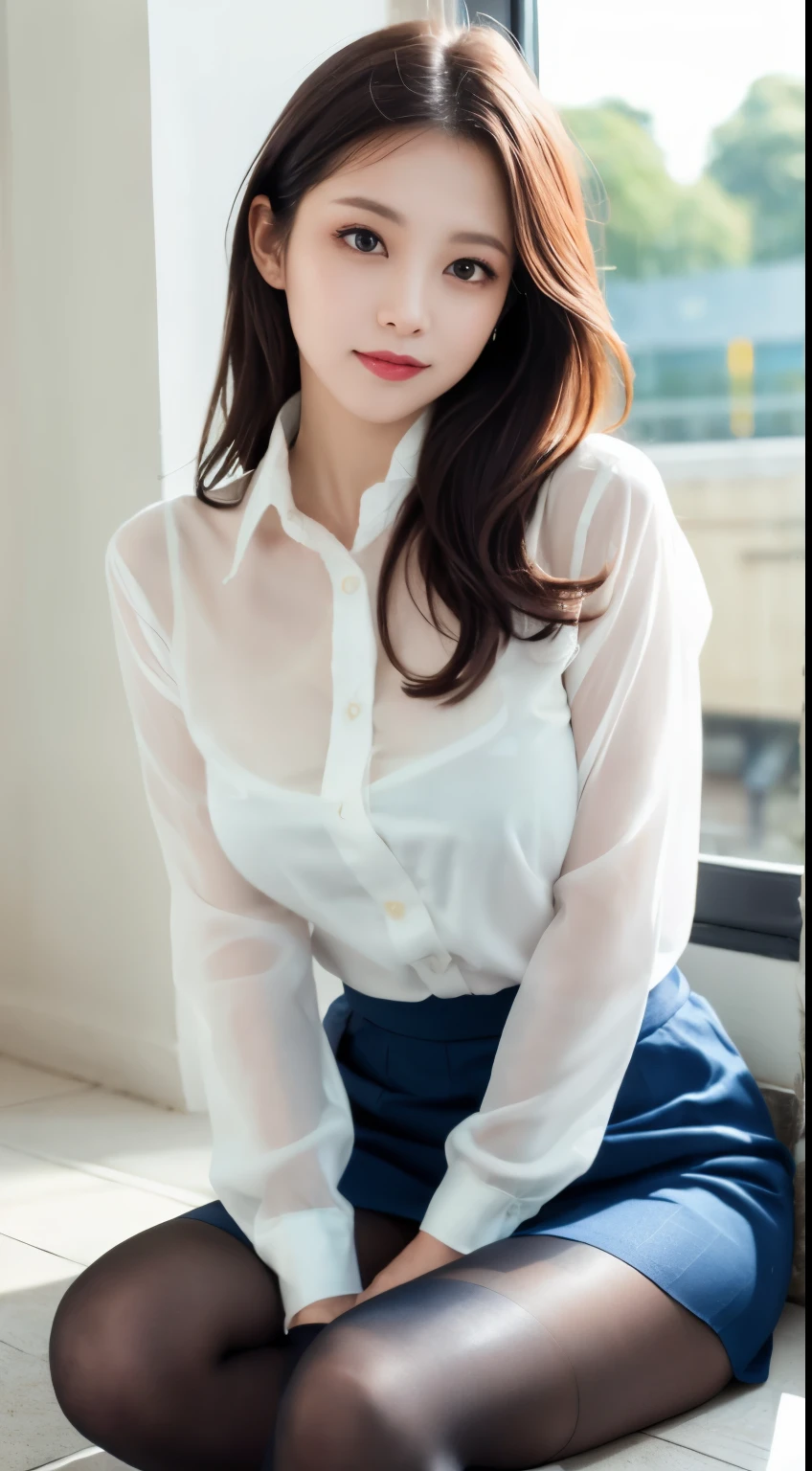 ulzzang-6500-v1.1, (Raw photo:1.2), (Photoreal),  (See-through:1.3), (genuine:1.4), ((muste piece)), (super realistic pantyhose:1.2), skirt and thighs、game_ticker, beautiful japanese woman, nice perfect face with soft skin, Small face with rose-like nose and lips, beautiful eyes, Beautiful smile. black, thin, length, Beautiful hair wrapped beautifully, fantastic shine. Gradient highlight greige layered loose medium hairstyle, Navy band collar shirt x houndstooth yellow flare skirt, sitting on the floor、expression of embarrassment、Bright neon colorful background, ultra-realistic woman photos, High quality, High resolution 8K masterpiece, realistic skin texture、shiny skin、exposed thighs!!!