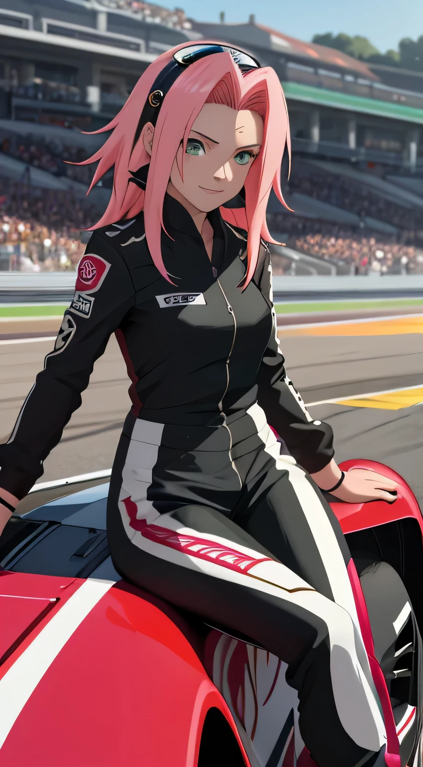 tmasterpiece， Best quality at best， 1girll， Sakura Haruno，Raised sexy，is shy，ssmile，with pink hair， long whitr hair， （Green eyeballs:1.4)， Forehead protection, Pole Position, standing inside of her race car, anime style, bright colors, dynamic lighting, shiny finish, attention to detail, wearing black driver suit with gold line, in behind black gold colour formula racing car, exciting atmosphere, race helmet on the car, vivid expressions