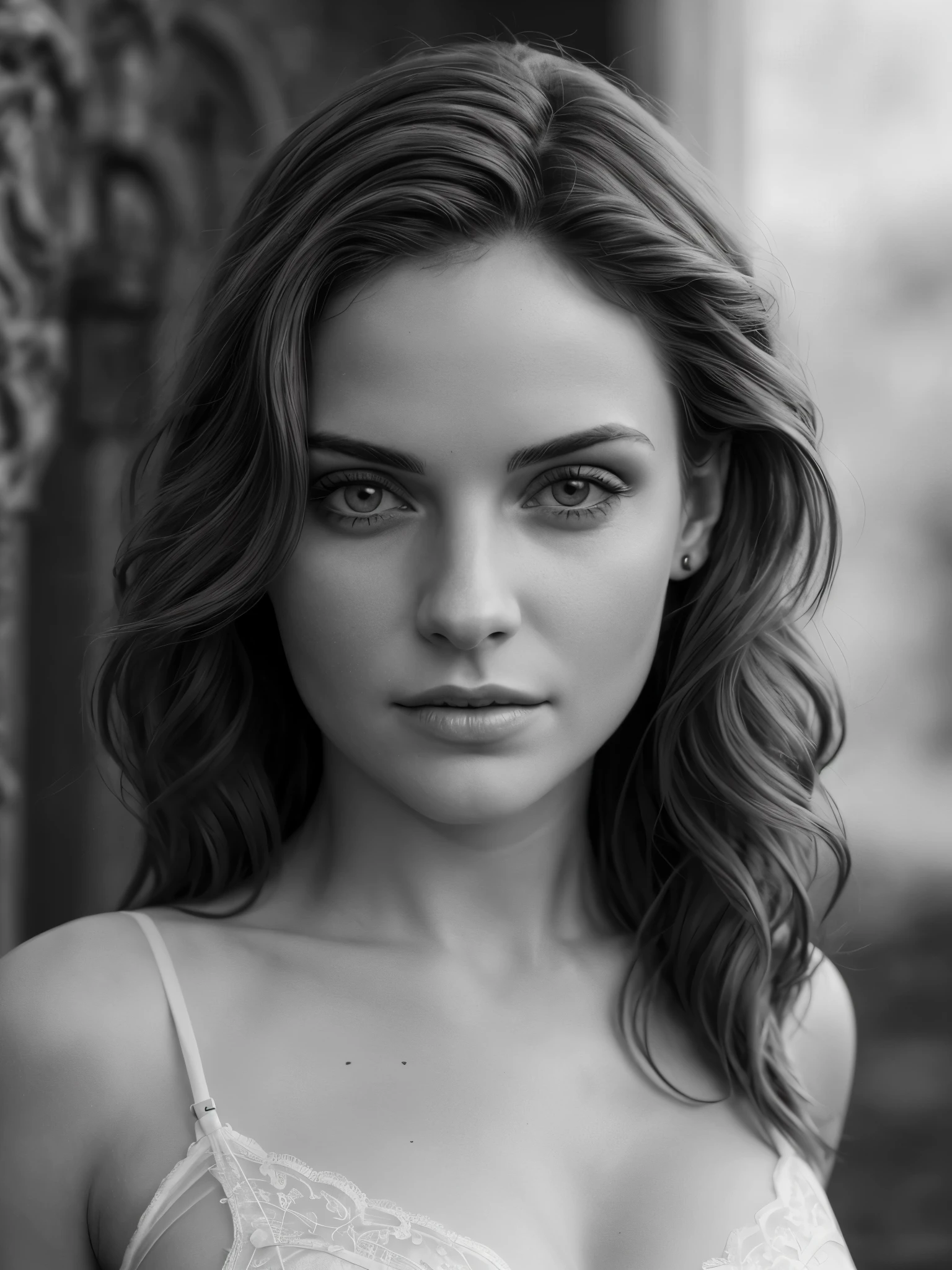 Photorealistic, masterpiece grayscale photo, woman with long wavy brown hair and poor tattered clothes, cute sexy, (detailed medieval background), ultra sharp focus, detailed face, (((posing))), beautiful eyes, full body, big , high quality black and white image