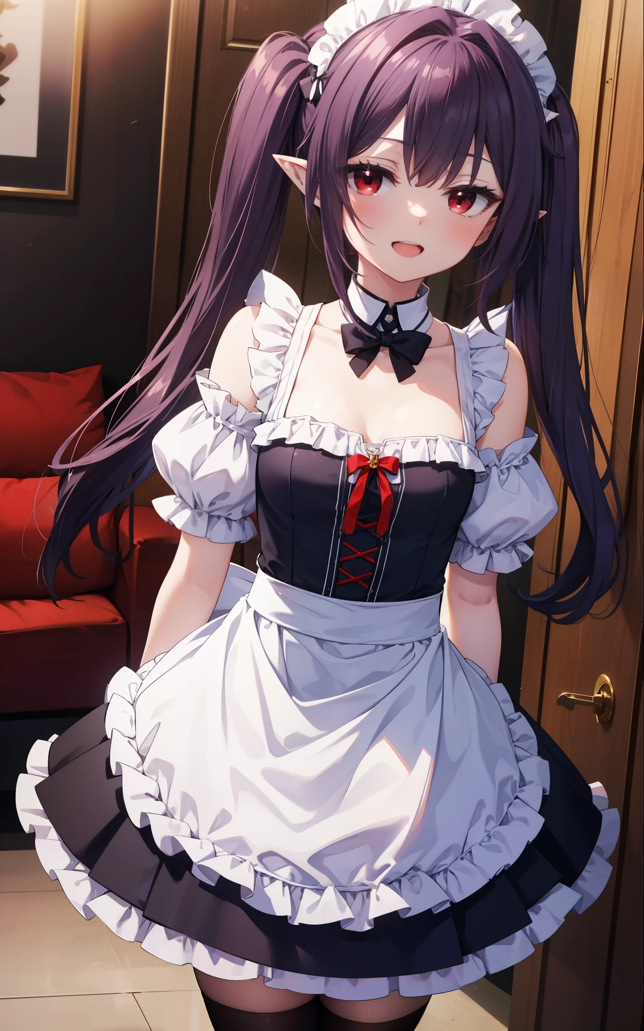 yuukikonno, Yuki Konno, hair band, long hair, pointy ears, purple hair, (red eyes:1.5), (small breasts:1.2),Ahoge,face tilted to one side, twin tails,Open your mouth and smile happy, smile, open your mouth,blush,she was wearing a maid skirt, black stockings on her legs, I'm back with both arms behind one.,lean forward,peek from above,bare shoulders,Cute standing figure,ベッド
break looking at viewer, Upper body, whole body,
break indoors, Bedroom,
break (masterpiece:1.2), highest quality, High resolution, unity 8k wallpaper, (shape:0.8), (fine and beautiful eyes:1.6), highly detailed face, perfect lighting, Very detailed CG, (perfect hands, perfect anatomy),
