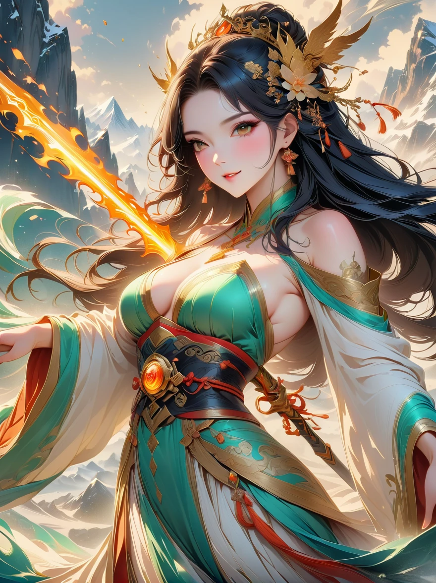 ((Vision)),((whole body)),Snow mountain sword painting method, Ancient style woman's cold ice flame sword, Holding a sword burning with blue flames, Dancing with a sword in white clothes, long hair flowing in the snow, Beautiful woman holding a silver sword, Wear jade jewelry, Her face is full of confident smile, She is suspended in the clouds like a fairy, Behind her are layers of mountains,(UHD, retina, masterpiece, ccurate, anatomically correct, textured skin, super detail, high details, 8k),中国ink画风格,ink