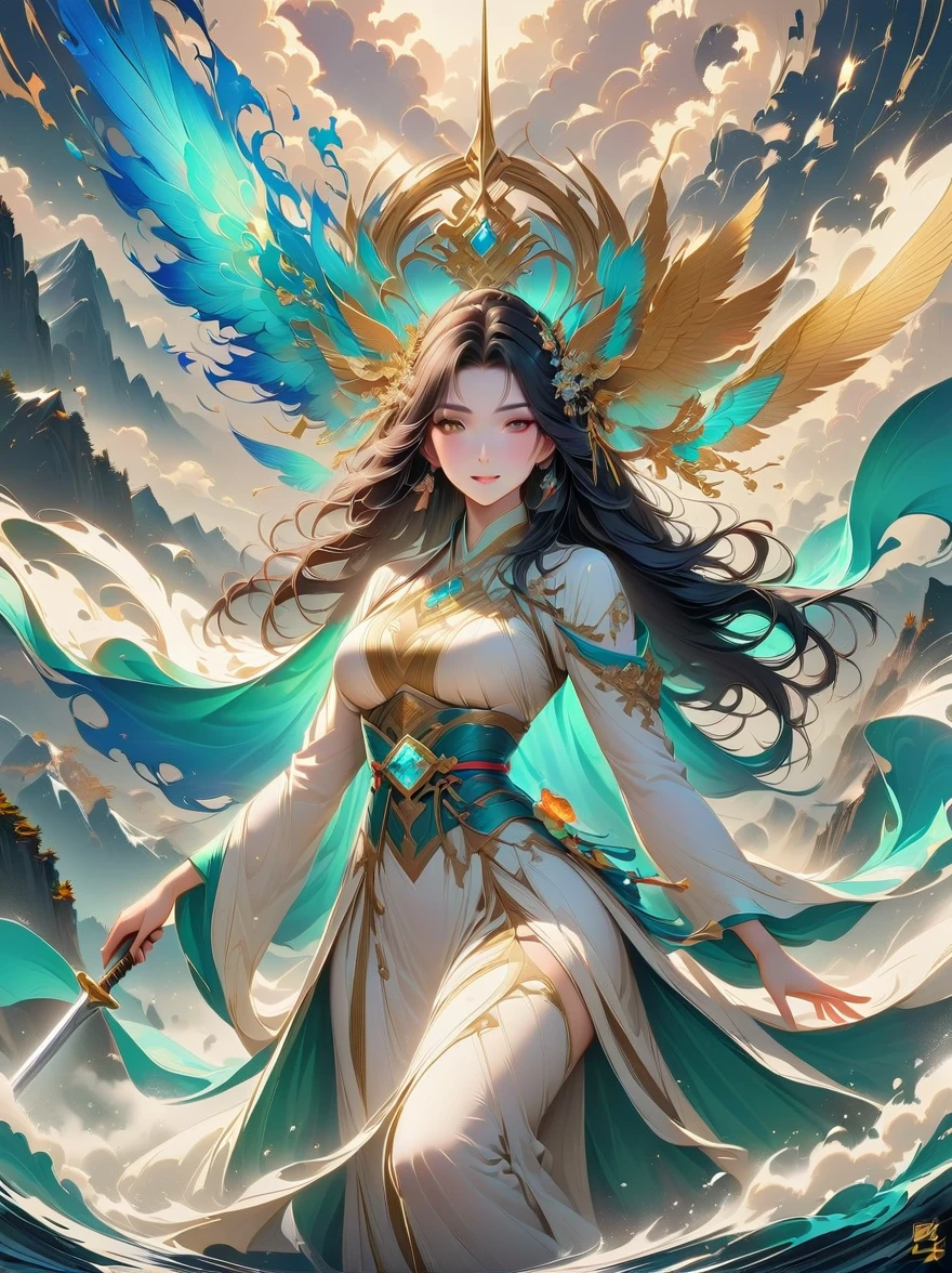 ((Vision))，((whole body))，Snow mountain sword painting method, Ancient style woman&#39;s cold ice flame sword, Holding a sword burning with blue flames, Dancing with a sword in white clothes, long hair flowing in the snow, Beautiful woman holding a silver sword, Wear jade jewelry, Her face is full of confident smile, She is suspended in the clouds like a fairy, Behind her are layers of mountains，(UHD, retina, masterpiece, ccurate, anatomically correct, textured skin, super detail, high details, 8k)，中国ink画风格，ink