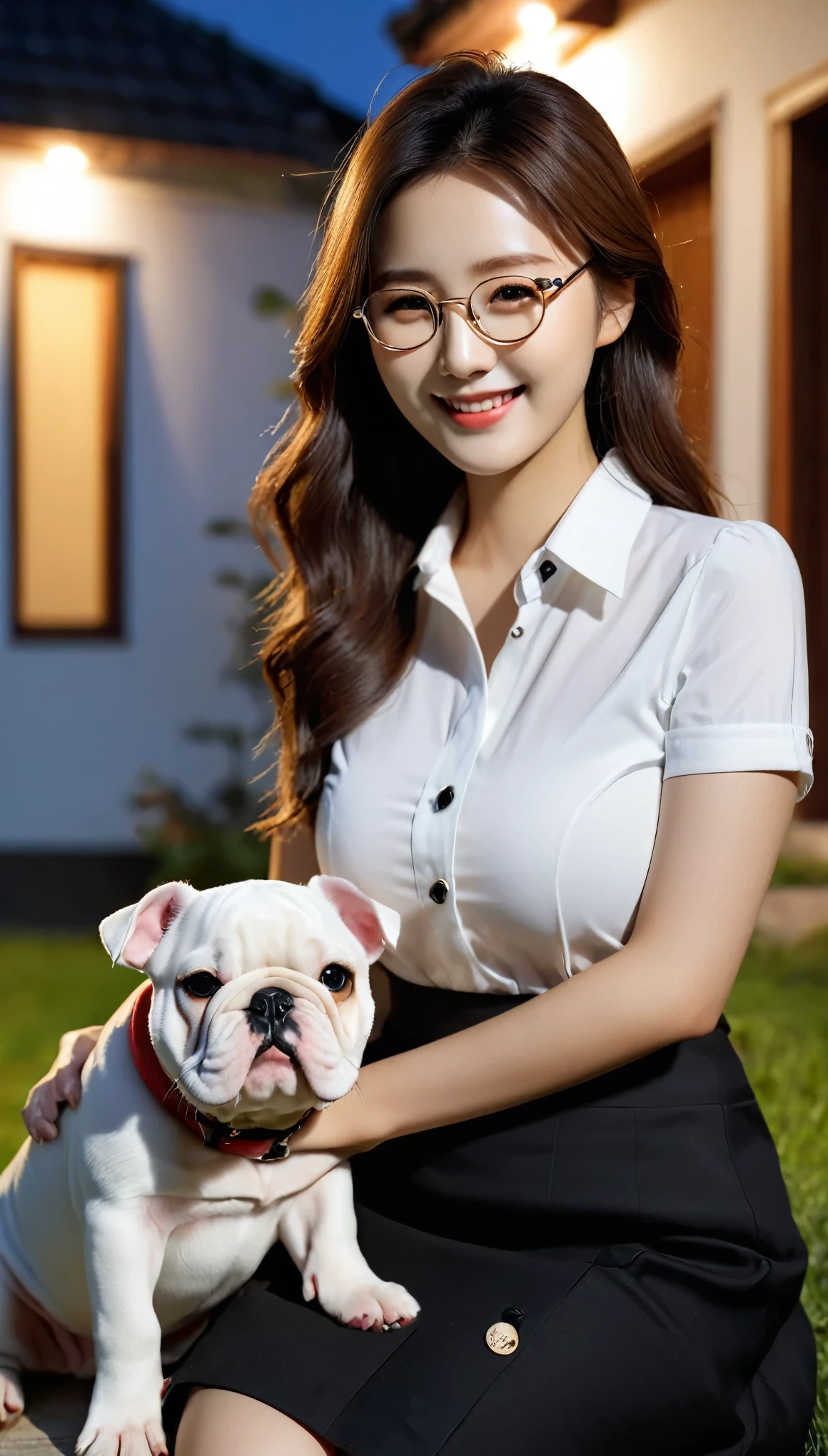 Close-up shot of beautiful korean female, 36 inch breasts size, glasses, smile, wearing white short sleeve shirt with bottons, black skirt, sitting and playing a puppy bulldog, in front of her house, night, UHD