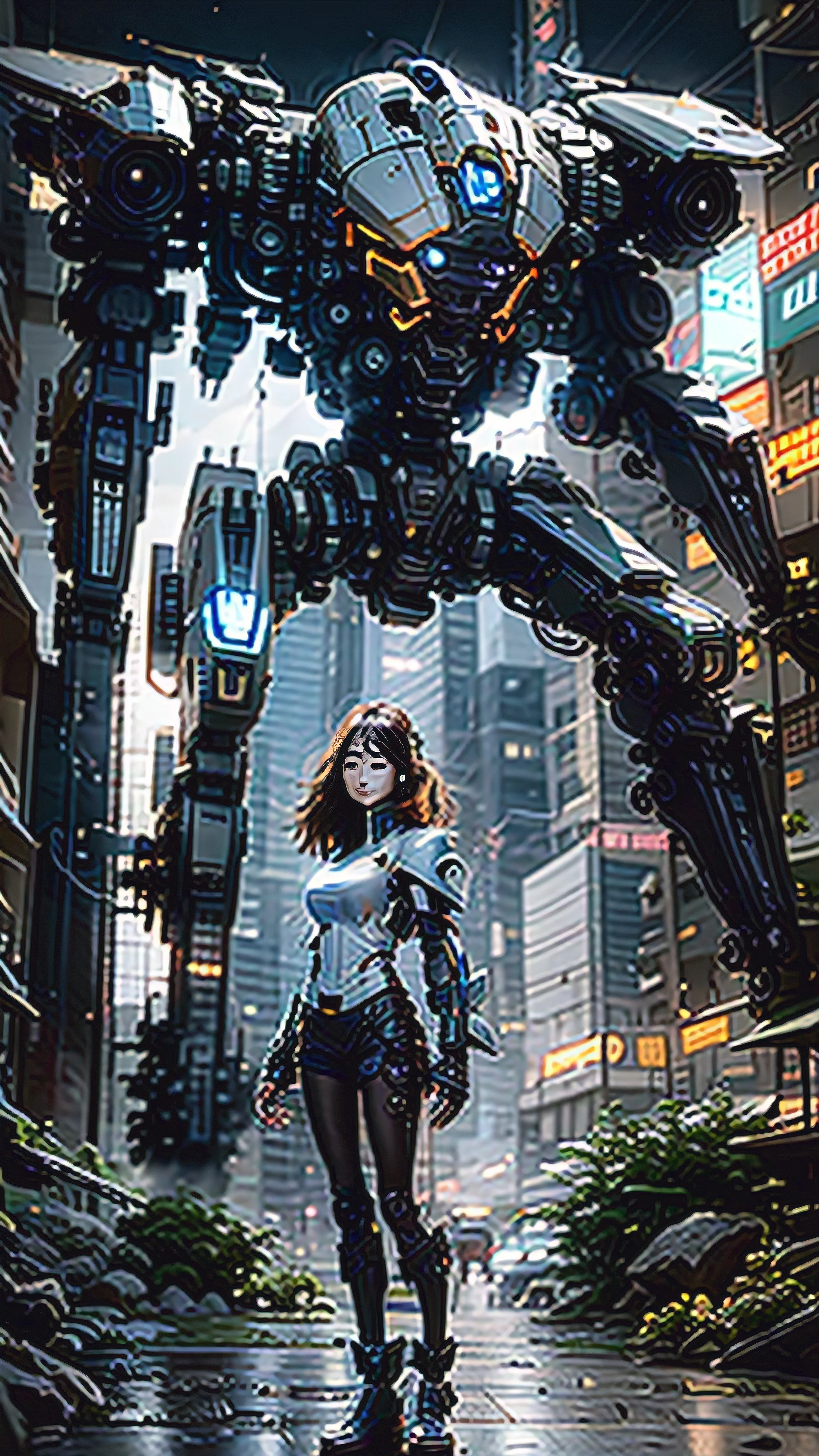 A schoolgirl stands in front of a towering Mecha Warrior. The schoolgirl has beautiful detailed eyes, detailed lips, and a fascinated expression on her face. She wears a school uniform with a pleated skirt and carries a backpack. The Mecha Warrior is made of metal, with a shiny chrome surface. It is gigantic, towering above the schoolgirl, and exudes power and strength. Its joints are well-defined, and the metallic texture is highly detailed. The Mecha Warrior emits a faint blue glow from various parts of its body, signaling an activated state. The background showcases a futuristic cityscape with flying vehicles and tall buildings. The colors are vibrant and infused with a touch of neon. The lighting is dramatic, with rays of sunlight breaking through the skyscrapers, casting shadows and highlights on the  and the Mecha Warrior. The overall image quality is of the best quality, with ultra-detailed and photorealistic rendering. It captures every minute detail, from the reflection in the mecha's metallic surface to the folds in the 's uniform. The prompt reads: ", Mecha Warrior, beautiful detailed eyes, detailed lips, fascinated expression, school uniform, pleated skirt, backpack, metal material, shiny chrome surface, gigantic, powerful, metallic texture, blue glow, futuristic cityscape, flying vehicles, tall buildings, vibrant colors, neon accents, dramatic lighting, best quality, ultra-detailed, photorealistic rendering".