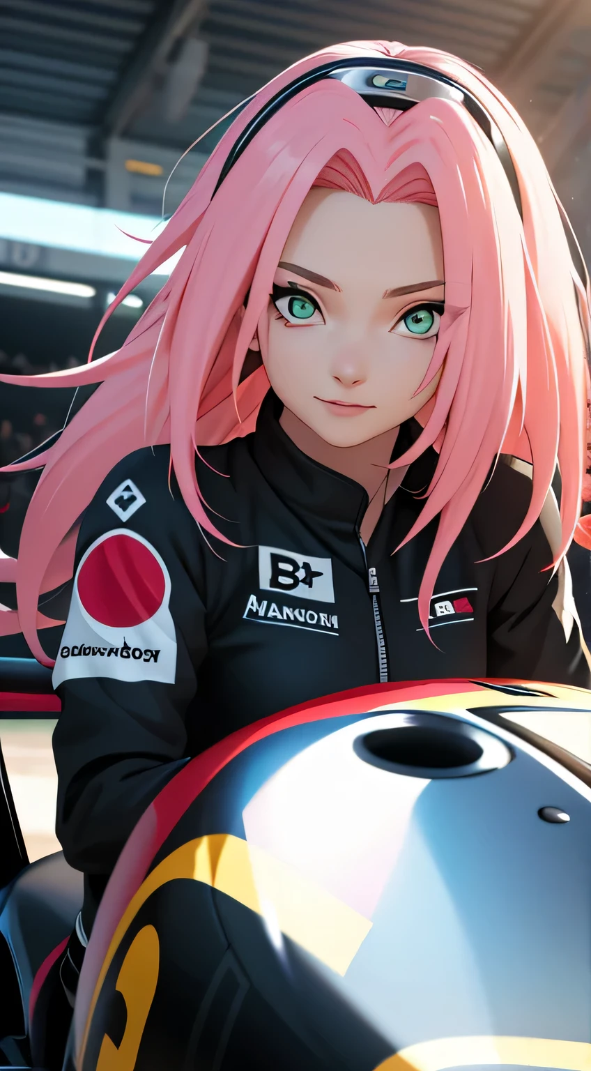 tmasterpiece, Best quality at best, 1girll, Sakura Haruno,Raised sexy,is shy,ssmile,with pink hair, long whitr hair, (Green eyeballs:1.4), Forehead protection, Pole Position, standing inside of her race car, anime style, bright colors, dynamic lighting, shiny finish, attention to detail, wearing black Lotus f1 suit, in behind black lotus f1 car, exciting atmosphere, race helmet on the car, vivid expressions