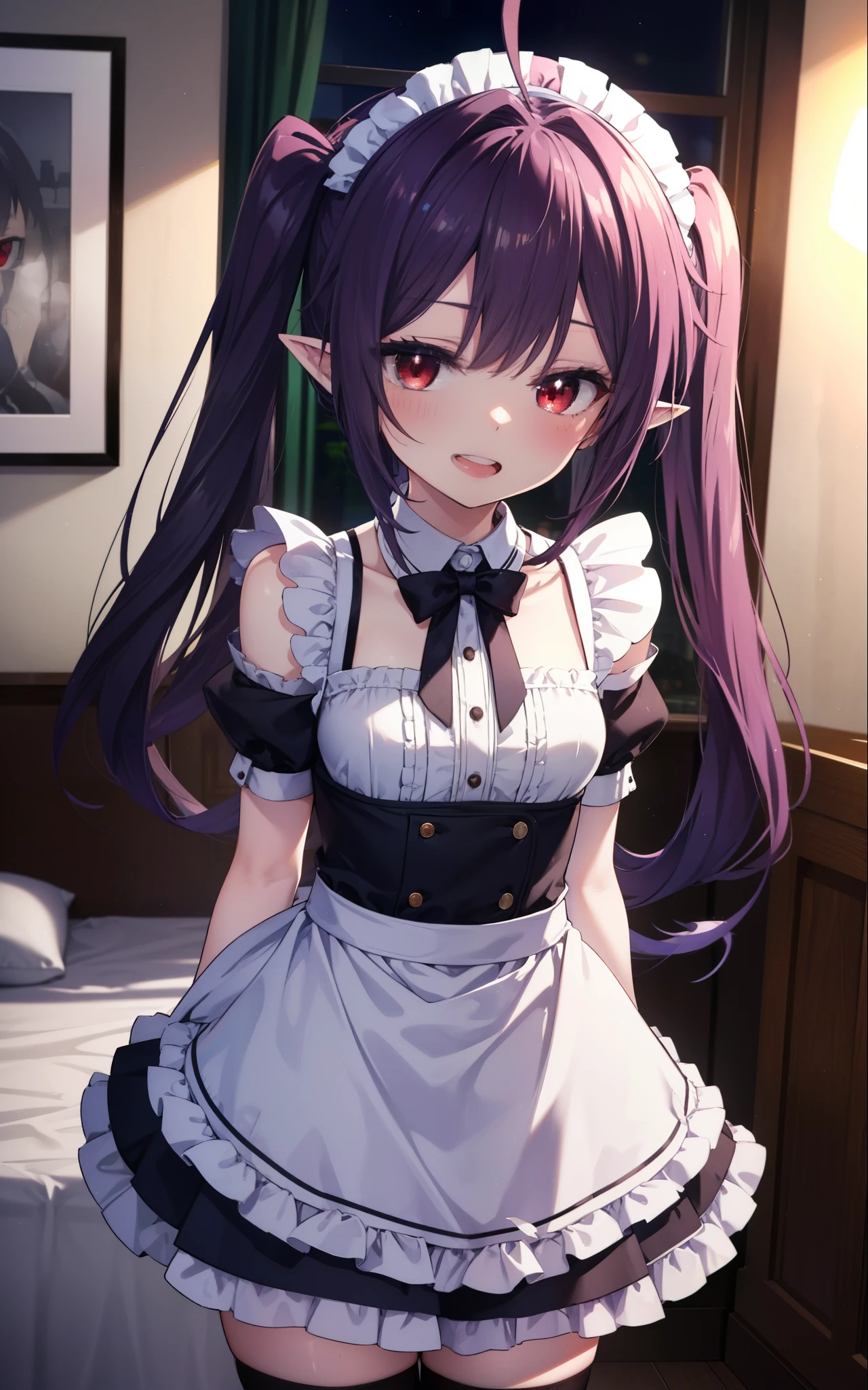 yuukikonno, Yuki Konno, hair band, long hair, pointy ears, purple hair, (red eyes:1.5), (small breasts:1.2),Ahoge,face tilted to one side, twin tails,Open your mouth and smile happy, smile, open your mouth,blush,she was wearing a maid skirt, black stockings on her legs, I&#39;m back with both arms behind one.,lean forward,peek from above,bare shoulders,Cute standing figure,night,moonlight,
break looking at viewer, Upper body, whole body,
break indoors, Bedroom,
break (masterpiece:1.2), highest quality, High resolution, unity 8k wallpaper, (shape:0.8), (fine and beautiful eyes:1.6), highly detailed face, perfect lighting, Very detailed CG, (perfect hands, perfect anatomy),