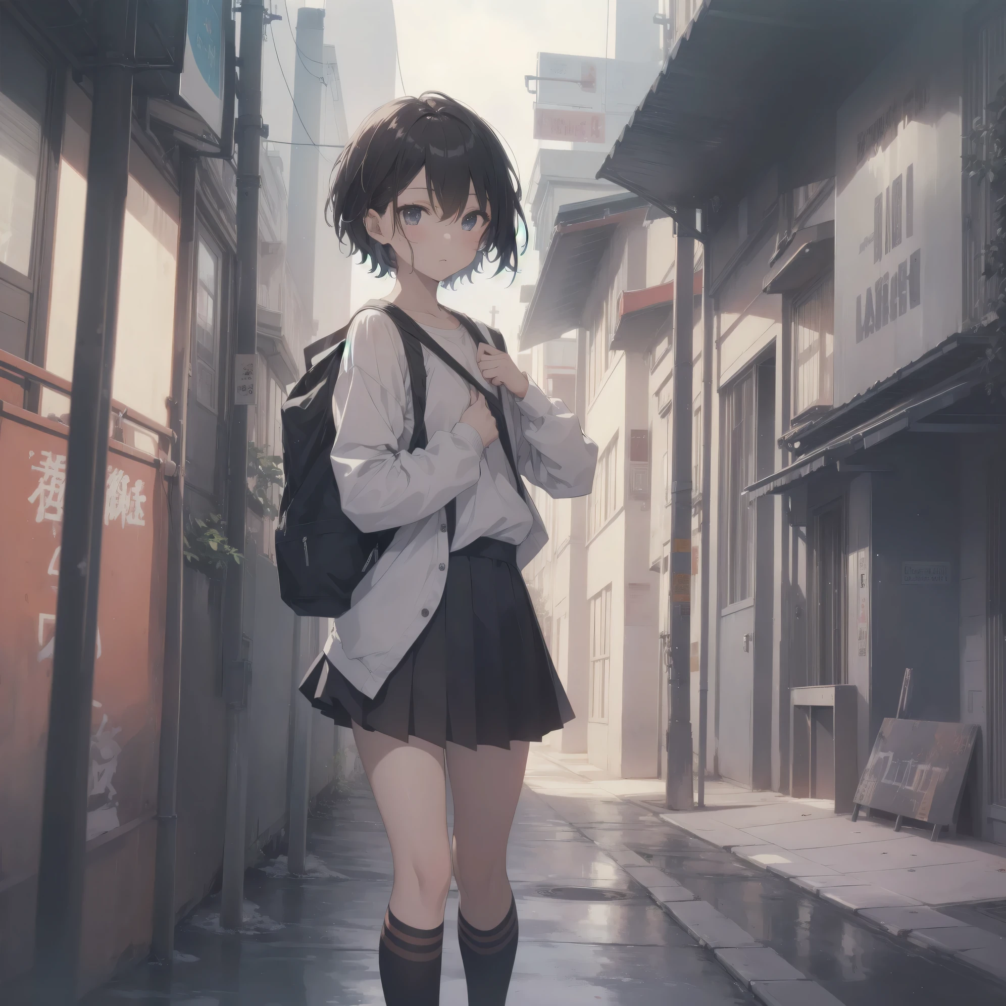 ultra-absurdres-Top quality by art God, ultra-detailed, high resolution, anime moe artstyle, best anime 8k konachan wallpaper, pixiv contest winner, perfect anatomy,break, (Please draw a girl walking sleepily to school alone. )break,1girl, (Solo,little female, 13-year-old:1.3),Full limbs, complete fingers,a junior high school student, Attractiveness of immature bodies, (very short hair), short cut, flat chest, , small butt, groin, small black eyes, beautiful detailed eyes, well-proportioned iris and pupils, expressive eyes, highres detailed hair, yawn, school_uniform, pleated skirt,(Detailed Lighting), (Detailed background), in the School commute route. break,super detailed skin, Best cinematic lighting powered by famous artist, 8k,beauty illustration,photoshop_(medium),very aesthetic,UHD,textured skin,break,((artist:core)), artist:fukahire (ruinon),artist:shinkai makoto,artist:sekiya asami,artist:kantoku,