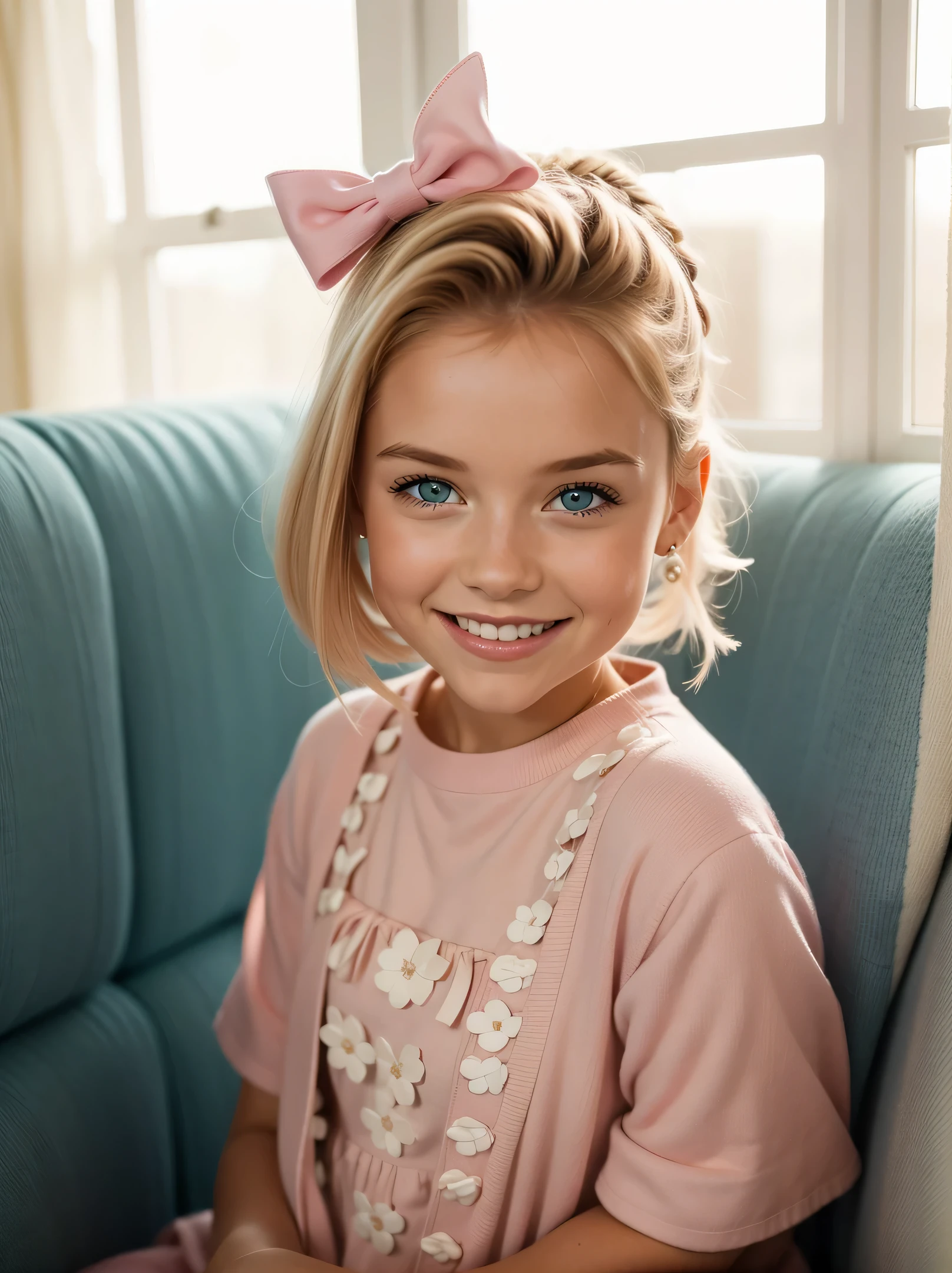 There is , who smiles and holds a donut, 2 , she smiles and happy, she smiles and excited, Cute , she smiles, beautiful and smiling, blond hair and blue eyes, big smile on her face, Blue eyes and blonde hair, smiling girl, photo of a girl, Four e smile, in a plain pink dress, pink bow, pink clothes, fluffy dress, little hair on the head,