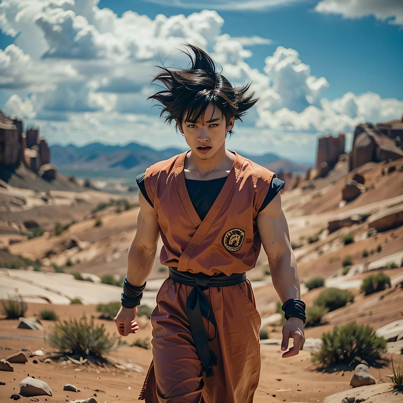 Immerse yourself in a narrative-rich portrayal of son goku from dragon ball movie live action , . Captured in full-body detail, the image brings to life the character's youthful vigor as seen in the movie, in a barren rocky desert on a hot day . The scene is a high-fidelity recreation, rich in specific details, encapsulating the intensity of a suspense-filled moment. The composition is bold and dynamic, employing techniques like HDR and DTM to enhance the visual impact. The artwork resonates with the signature styles of Anna Dittmann, Yoshitaka Amano, and Stefan Gesell, achieving a level of ultra-detailed 16K realism that is nothing short of superb. high-quality , cinematic , vibrant