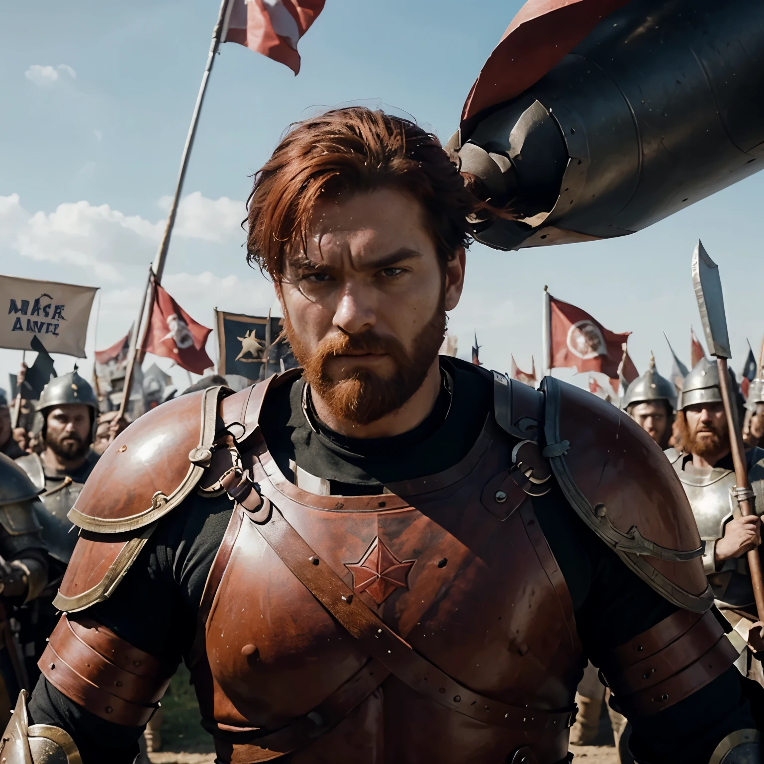 "Generate a representation of a warrior in an epic battle scene, leading his army with grandeur. He's raising his war mace above his head, with his red hair and red beard blowing in the wind and a determined expression on his face, the background of the scene must be an army in red armor. I want the scene to be realistic and convey Darius' strength and commanding presence as the fearless leader he is. Detail your appearance, posture and facial expression so that it looks like a scene from a movie."