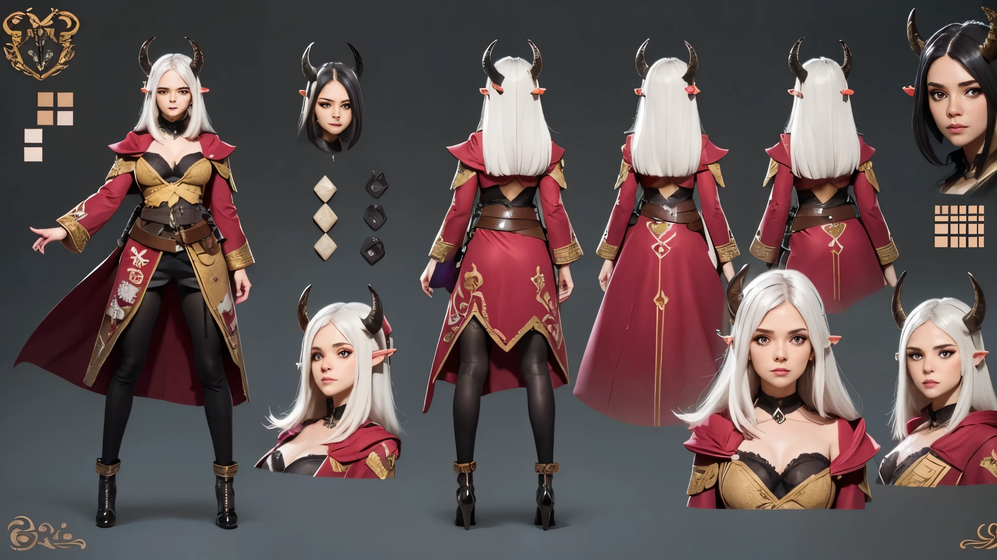 (Masterpiece, best quality), detailed, 1girl, ((character concept art)), ((character design sheet, same character, front, side, back)), many items, (adventurer guild lieder uniform, ex dungeon explorer, royal cloth, many parts), black demon horns, detailed purple eyes, detailed face, different expressions, small B cup , white hair and white skin, detailed hair, formal style haircut, full of details.