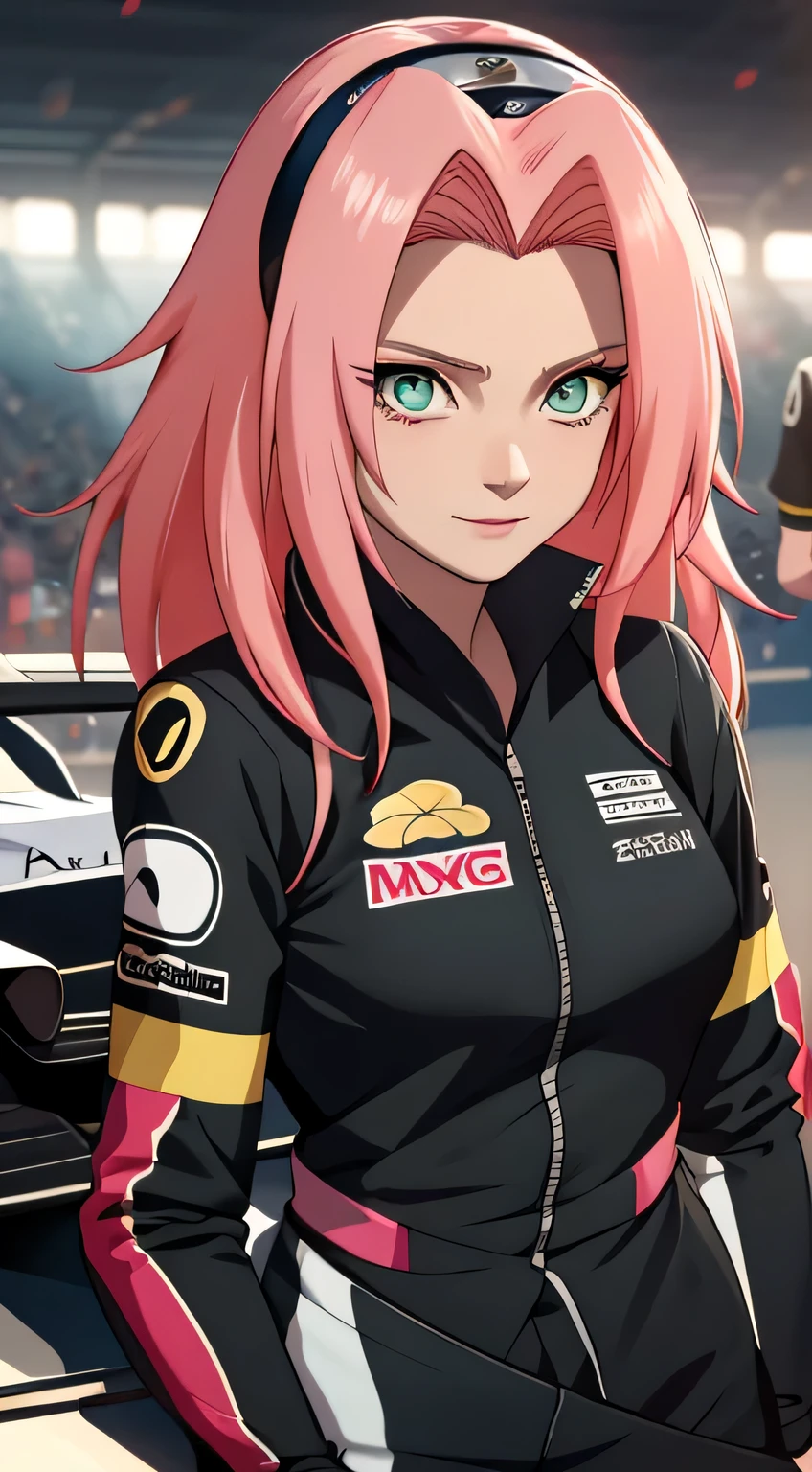 tmasterpiece, Best quality at best, 1girll, Sakura Haruno,Raised sexy,is shy,ssmile,with pink hair, long whitr hair, (Green eyeballs:1.4), Forehead protection, Pole Position, standing inside of her race car, anime style, bright colors, dynamic lighting, shiny finish, attention to detail, wearing black gold Lotus f1 suit, in behind black lotus f1 car, exciting atmosphere, race helmet on the car, vivid expressions