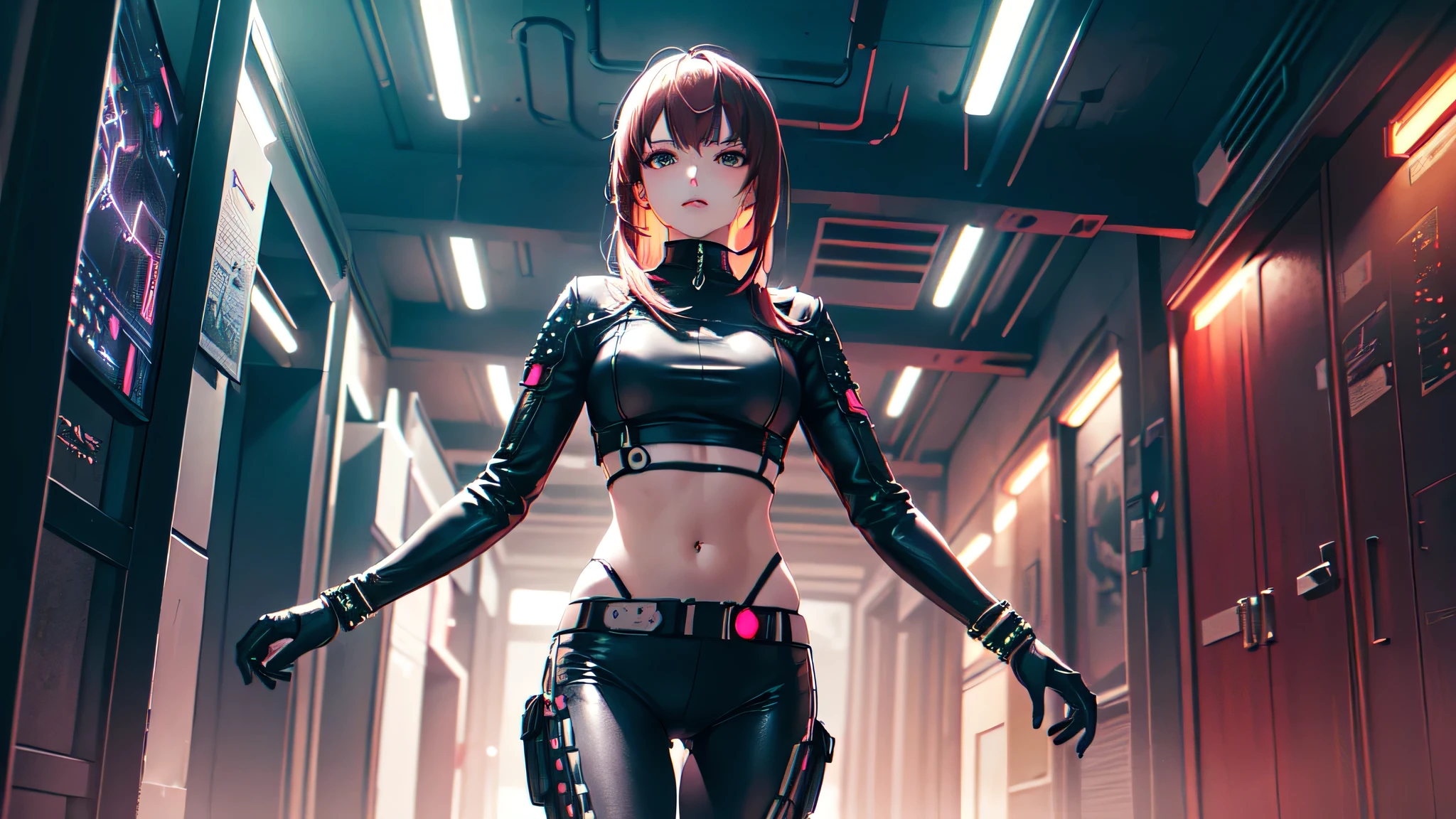 (Best quality, masterpiece:1.2), a Futuristic female warrior , (finely detailed leather), (in a deep neckline highly detailed sexy Futuristic cyberpunk black crop top and underpants made of circuit boards, Beautiful Epic Composition, Futuristic, Attractive, posing for a photo, bright colors, dynamic lighting, dramatic shadows