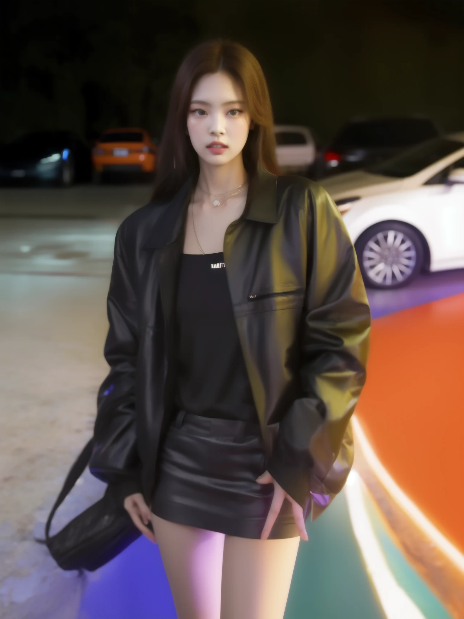 mulher araffe com jaqueta de couro preta parada na frente de um carro, vestindo jaqueta de couro cyberpunk, trends on cgstation, cyberpunk 2 0 anos. oh garota modelo, Jisoo do Blackpink, inspirado em Wang E, vestindo jaqueta cyberpunk 2 0 7 7, modelo de moda feminina coreana, retrato de jisoo blackpink, Retrato de Jossi do Blackpink, Xision Wu