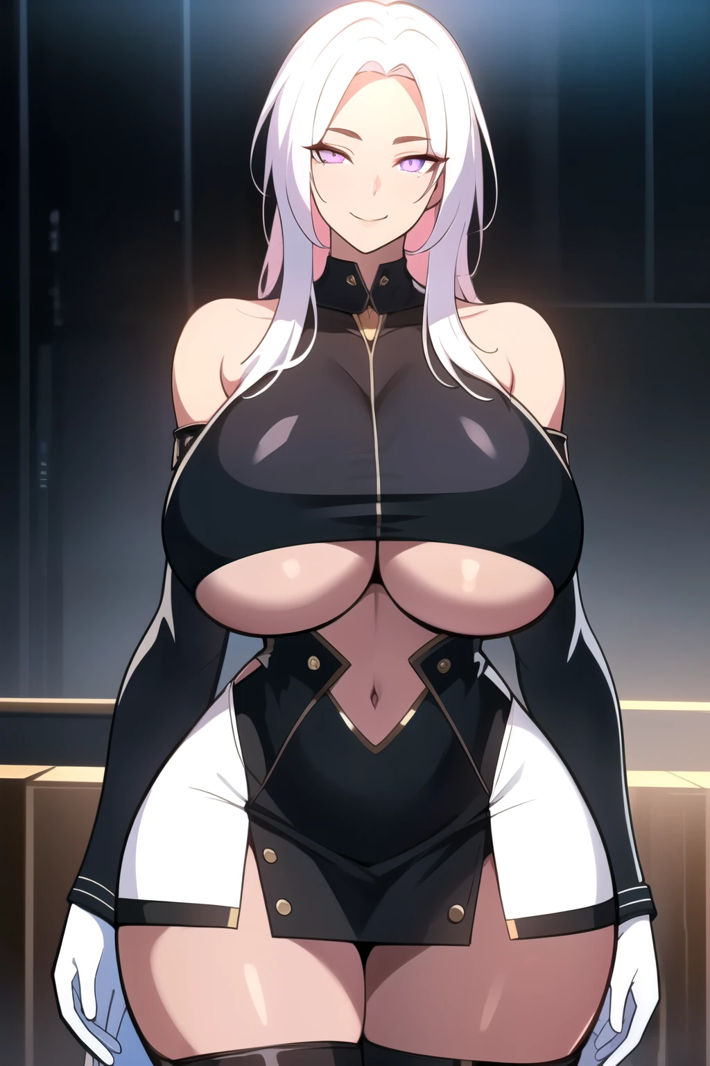 masterpiece, best quality, absurdres, 8k, perfect shadows,perfect lighting,hdr, cowboy shot,shiny skin,skindentation, beautiful body, kafka, ((white hair: 1.4)), long hair, violet eyes, (crop top, underboob, elbow gloves, thigh boots, split skirt, bare shoulders, curvy, midriff, curvy, thighs, higheels, shiny clothes), complex detailed background, inside, luxury palace) (gigantic breasts,hourglass body, thin waist,very slim waist)extremely detailed face,detailed eye makeup, detail face, nice detailed eyes,nice hands, perfect hands (realistic pupils,realistic iris:1) heavy eye makeup,glowing eyes, Bright eyes,standing,standing at attention,(seductive smile), gigantic breasts, curvy