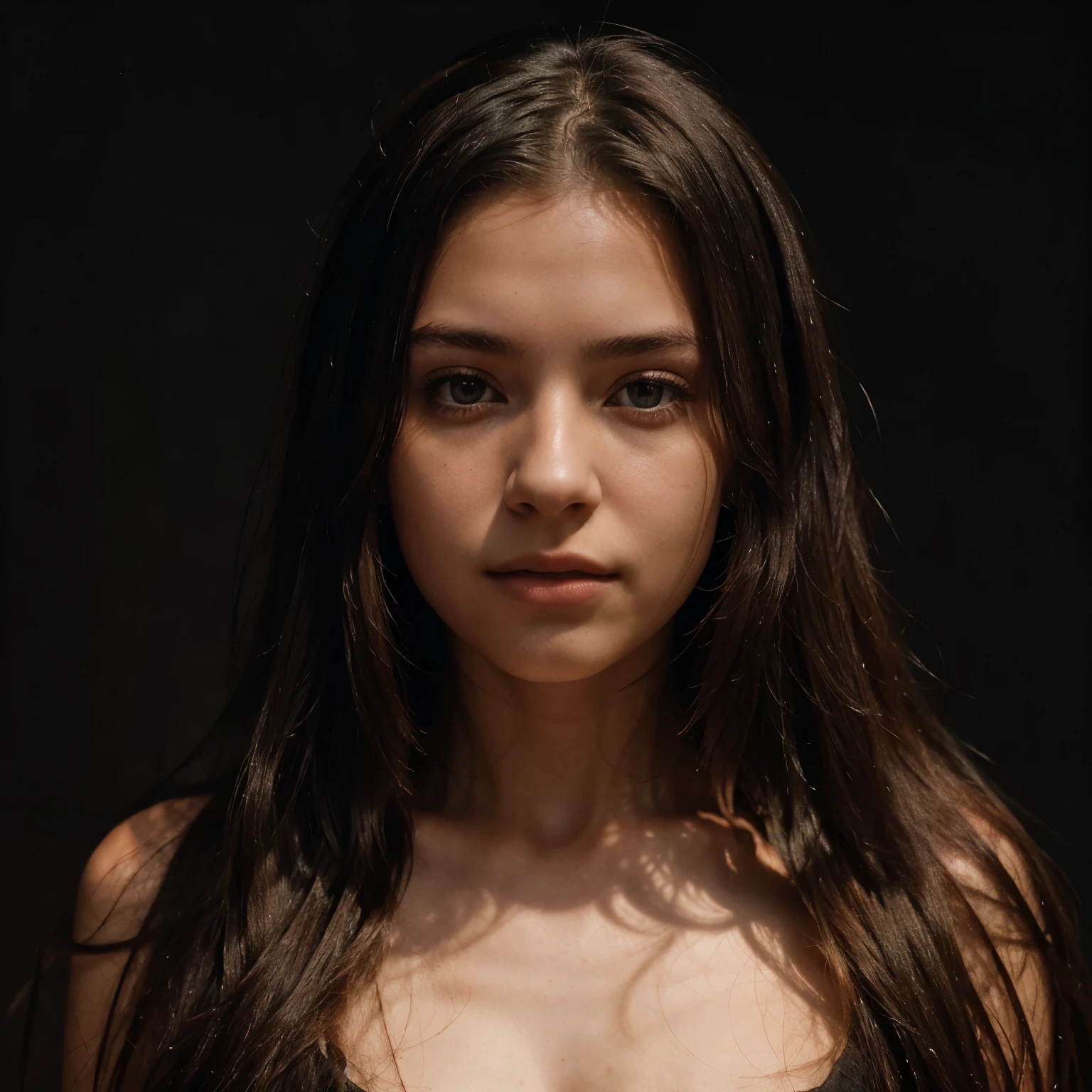 a 20 yo woman,long hair,dark theme, soothing tones, muted colors, high contrast, (natural skin texture, hyperrealism, soft light, sharp),red background,simple background, 