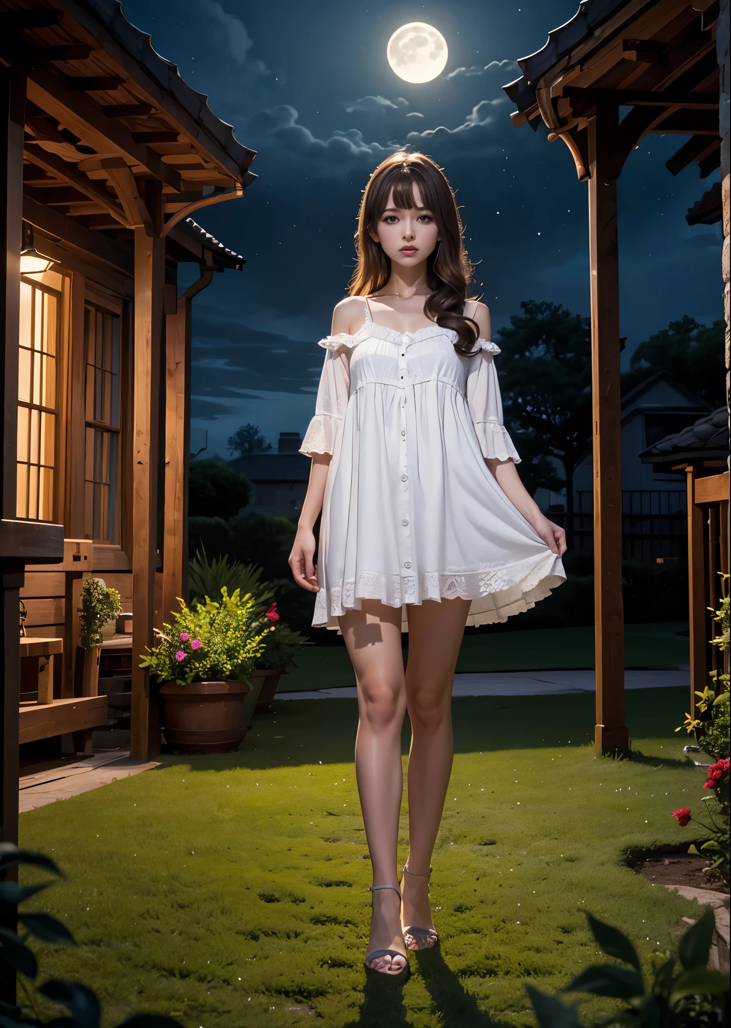 A girl standing on a lawn at night、Woman in nightdress、brown hair、full body photo、Moonlight night、aurora、masterpiece、highest quality、Super detailed、official art