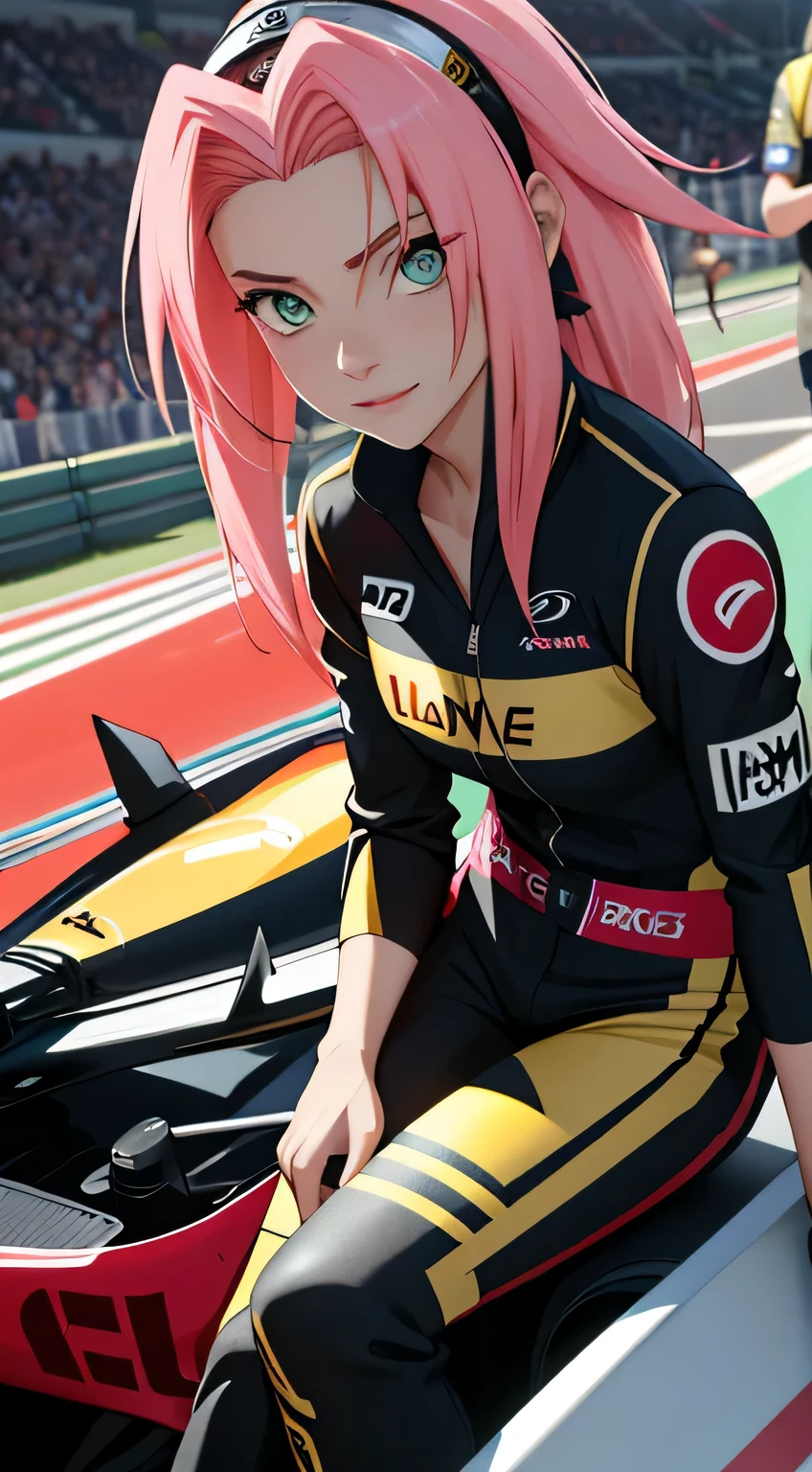 tmasterpiece, Best quality at best, 1girll, Sakura Haruno,Raised sexy,is shy,ssmile,with pink hair, long whitr hair, (Green eyeballs:1.4), Forehead protection, Pole Position, standing inside of her race car, anime style, bright colors, dynamic lighting, shiny finish, attention to detail, wearing black gold Lotus f1 suit, in behind black gold lotus f1 car, exciting atmosphere, race helmet on the car, vivid expressions